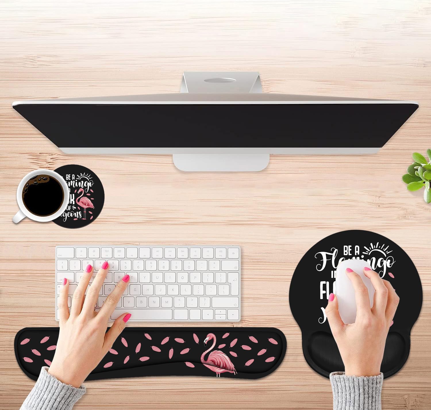 Ergonomic Keyboard Wrist Rest & Mouse Pad Set with Non-Slip PU Base - Flamingo Quote Design for Comfortable Home Office, Gaming & Studying - Perfect for Computer Workstations, Typing & Long Hours PC Use