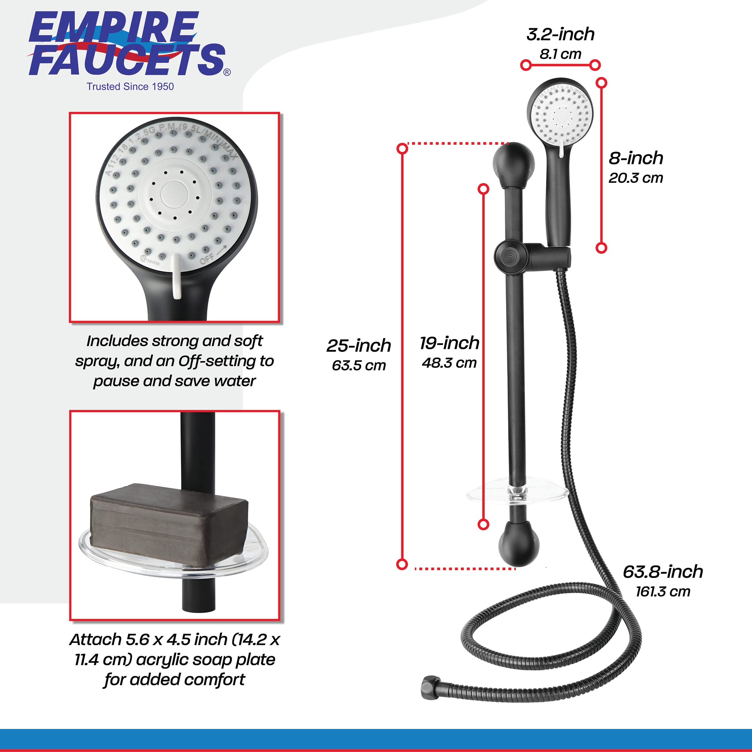 Empire Faucets Matte Black Shower Slide Bar & Adjustable Shower Head Combo - Vertical Shower System for RV, Camping, Tiny Homes & Small Bathrooms - Perfect for Mobile Living & Space-Saving Solutions