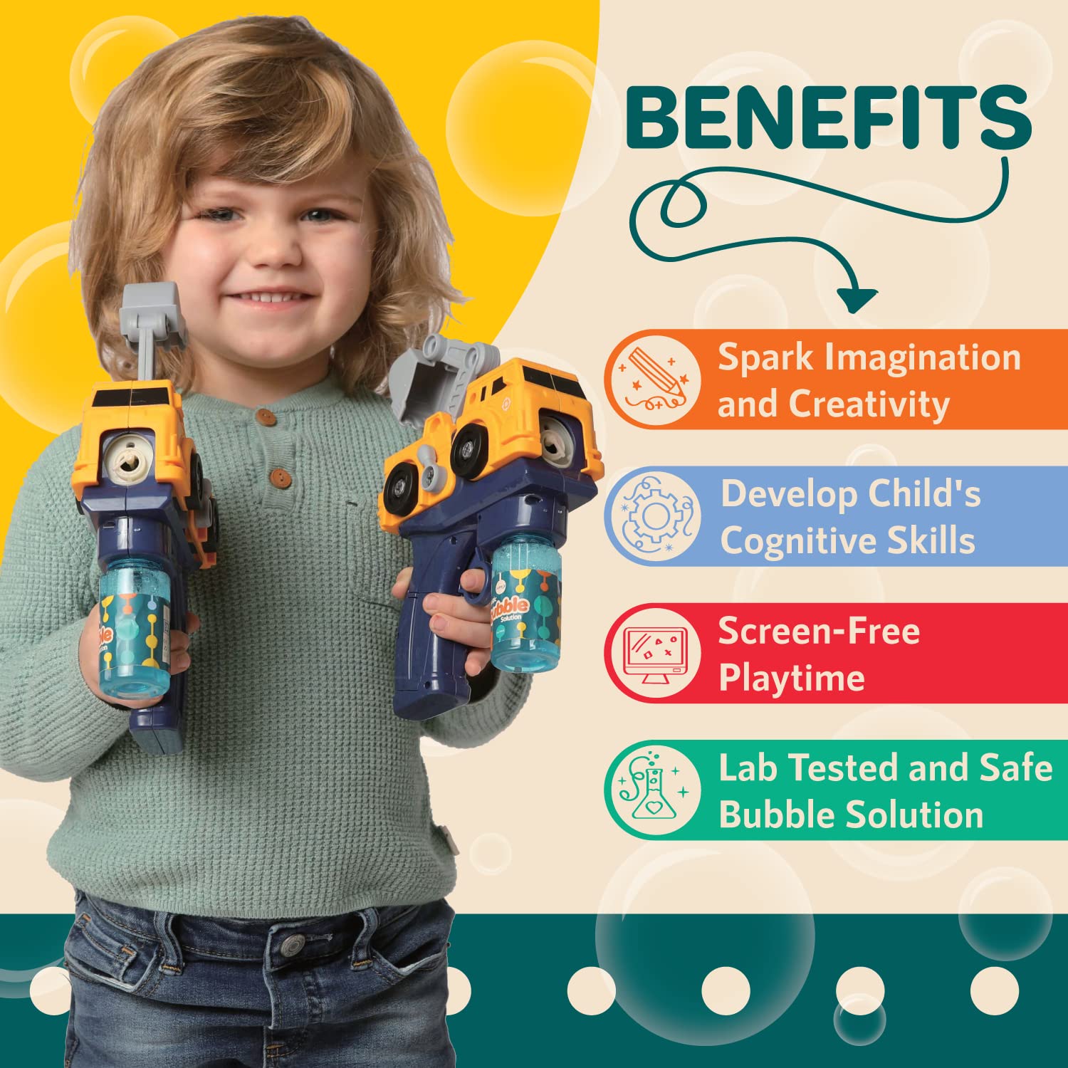 **2-Pack Bubble Blaster Guns with 4 Bubble Solutions – STEM Take Apart Bubble Toys for Toddlers Ages 3-5 | Outdoor Summer Fun, Birthday Gifts, Party Favors for Kids | Bubble Machine & Blower for Backyard, Park & Beach Play**