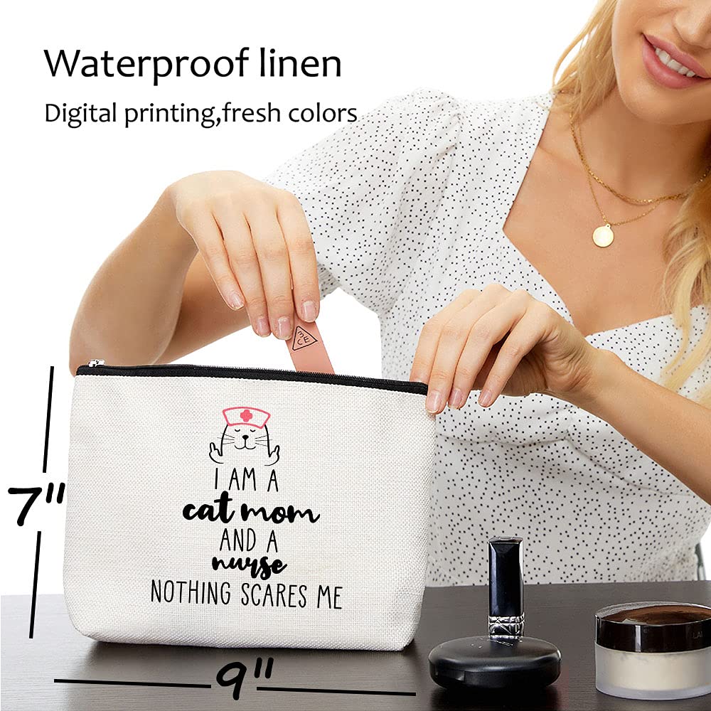 Funny Nurse Makeup Bag - 'I Am Cat Mom And Nurse Nothing Scares Me' - Perfect Gift for Cat Lovers, Nurses & Mothers Day - Great for Work, Travel & Daily Use