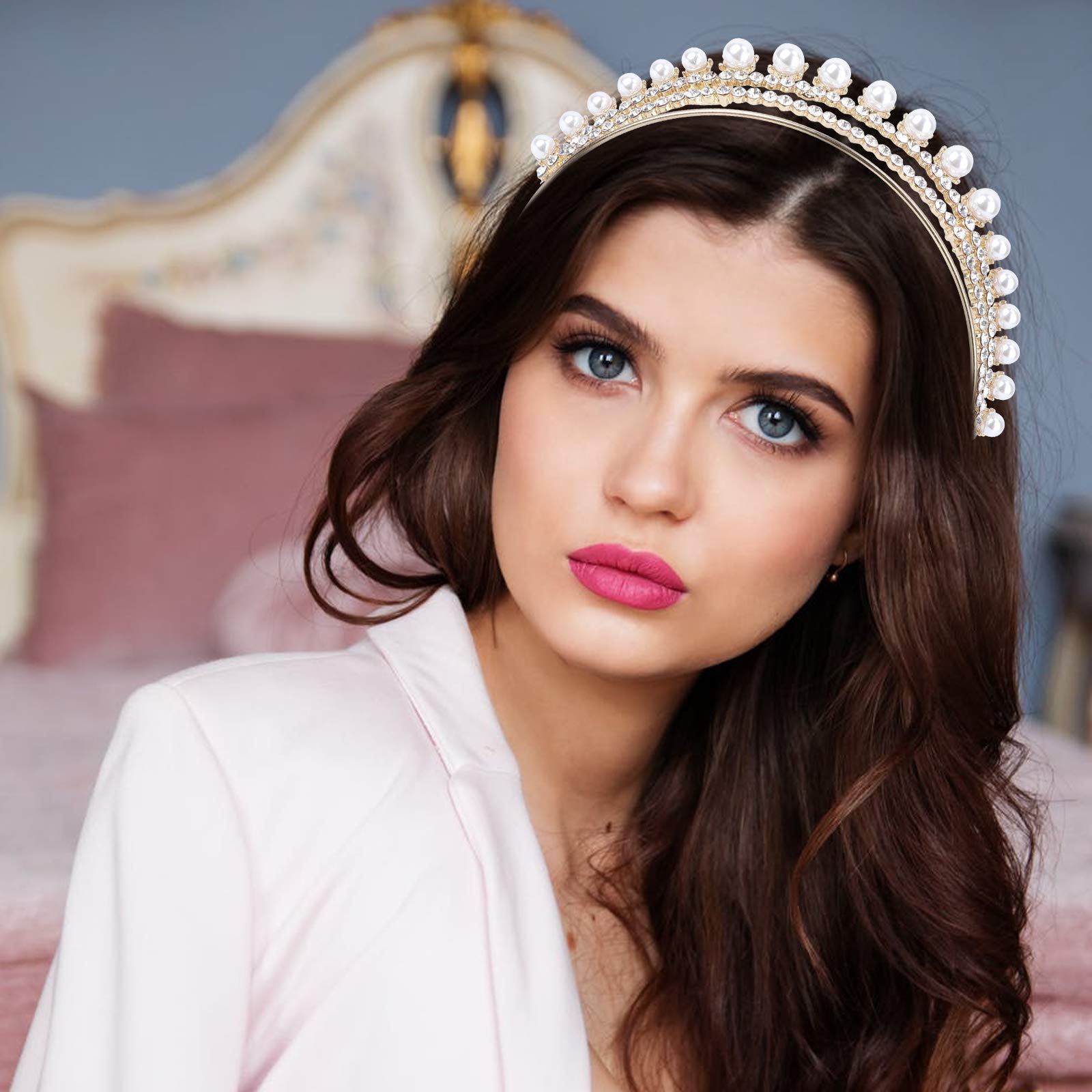 Crystal Rhinestone Headband with Pearls - Wedding Tiara for Brides & Princesses