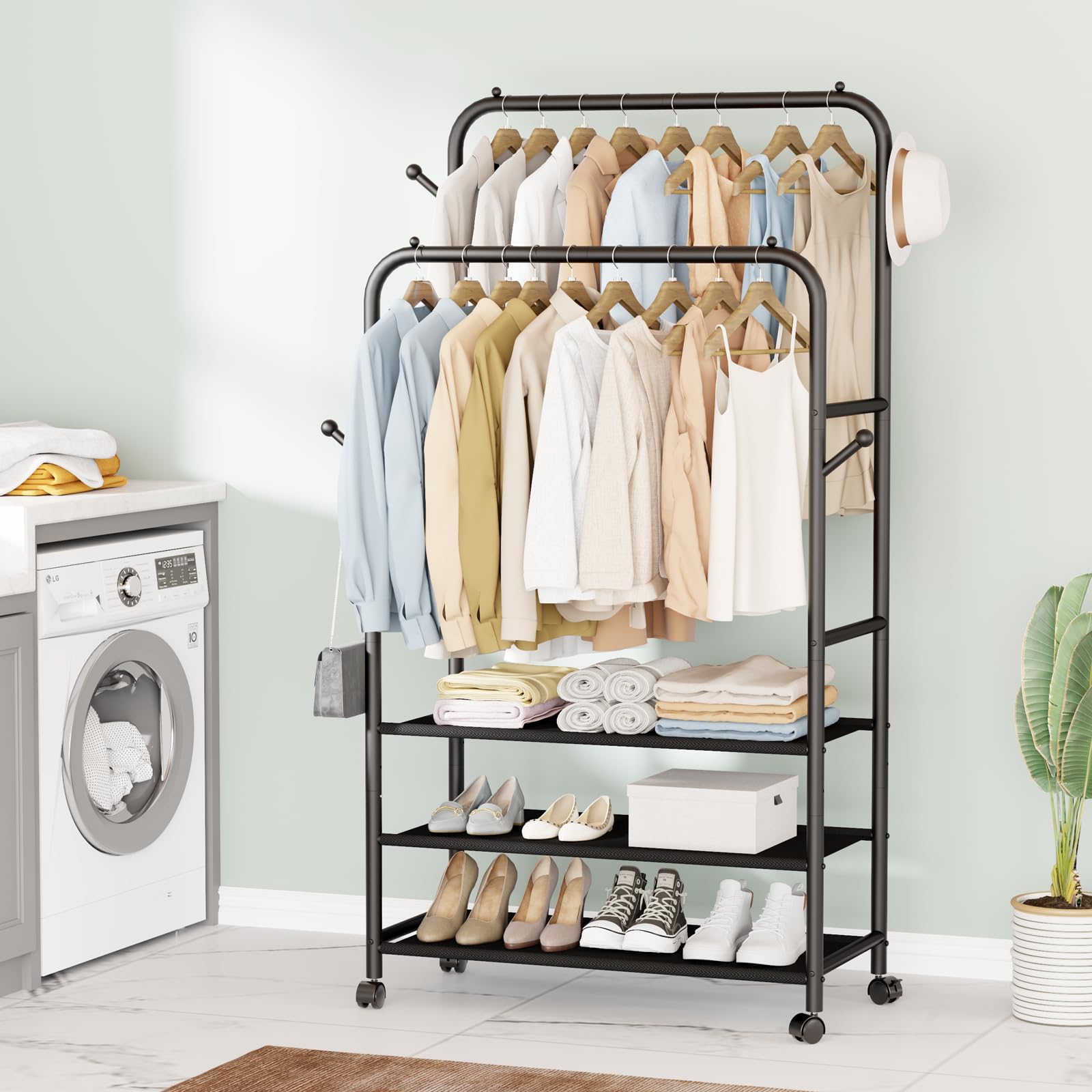 Furologee Double Rods Rolling Garment Rack with 3-Tier Storage Shelf & 4 Hooks - Portable Closet Organizer for Bedroom, Living Room - Black | Perfect for Small Spaces, Laundry Rooms & Apartment Storage