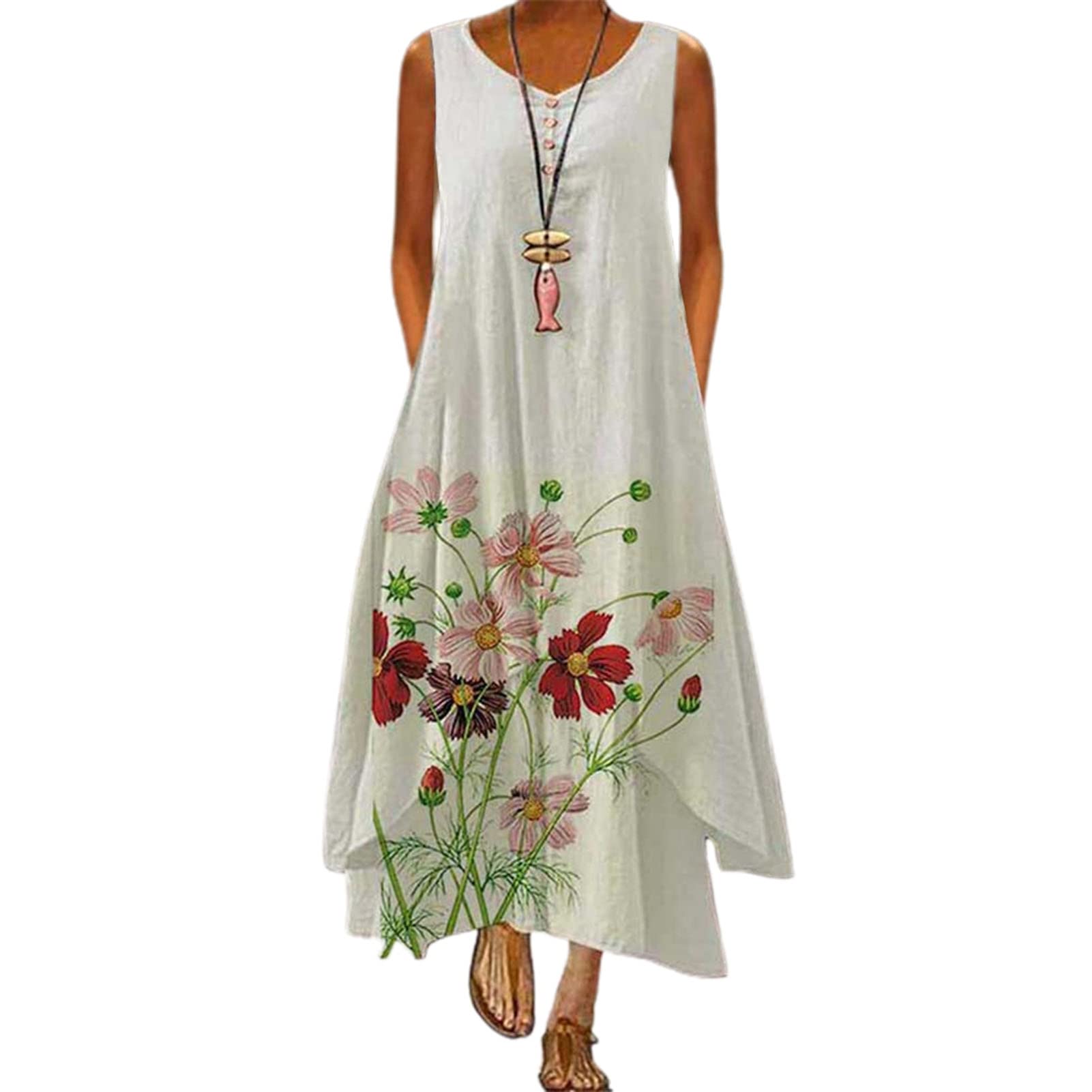 Floral Print Maxi Dress with Irregular Hem & Button Details - Women's Round Neck Dress for Dating, Parties & Summer Outfits