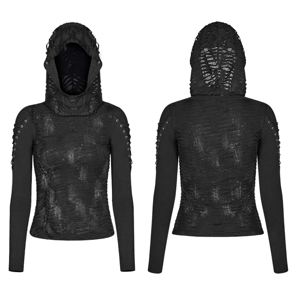 Punk Women's Ripped Hole Hooded Bandage Black T-Shirt - Gothic Dark Long Sleeve Top for Concerts, Halloween & Alternative Fashion