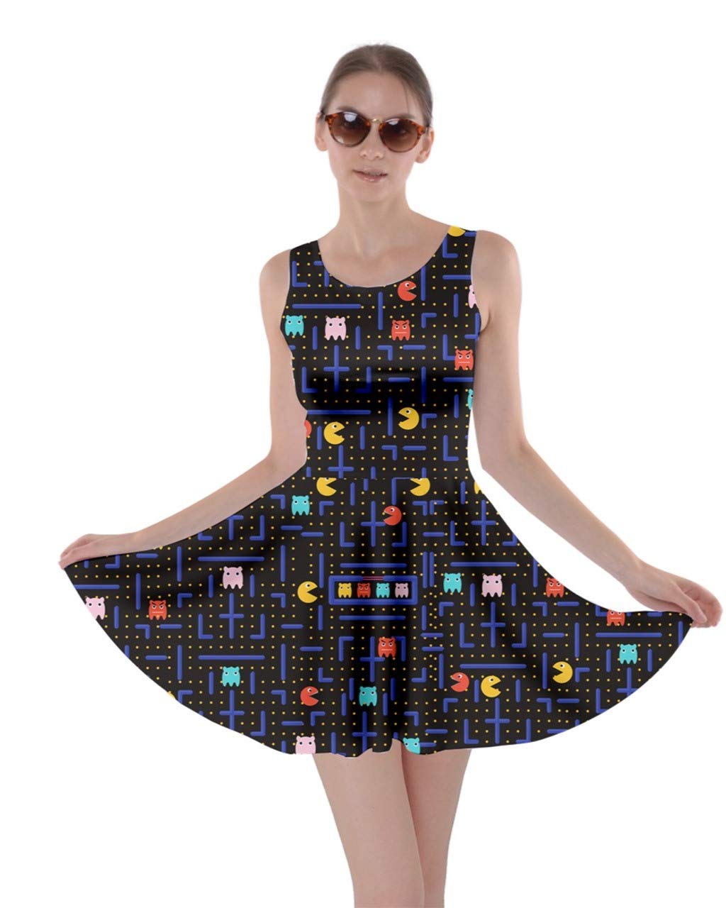 CowCow Women's Cartoon Robot Pixel Print Skater Dress with Pockets - Halloween Cosplay Party Outfit, Casual Wear, XS-5XL | Perfect for Costume Parties, Comic Conventions & Everyday Fashion