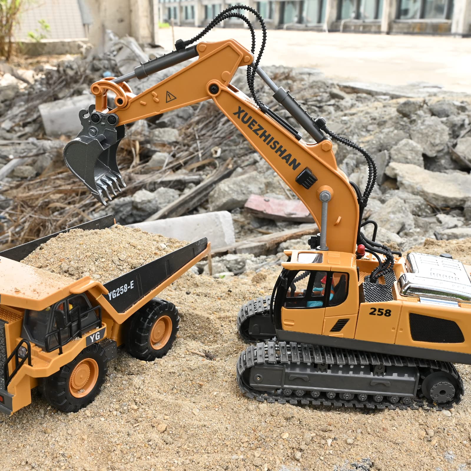 680° Rotating Remote Control Excavator Toy - Metal Shovel, LED Lights & Realistic Sounds - 2 Rechargeable Batteries Included - Best Construction Toy Gift for Boys Ages 3-8 (Birthday, Christmas, Outdoor Play, Sandbox Fun)
