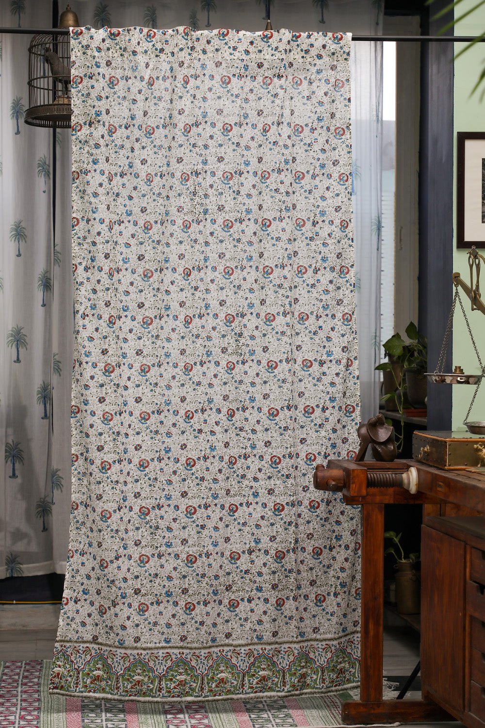 Floral Blossom Handblock Printed Cotton Door Curtain - Traditional Indian Handcrafted Room Divider for Living Room, Bedroom & Entryway Decor