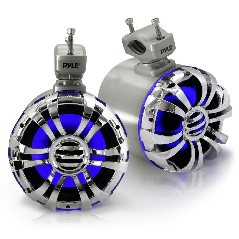 **Pyle PLMRWB50L 5.25 Inch Waterproof Marine Speakers with LED Lights - IP44 Rated Wakeboard Tower & Weatherproof Outdoor Stereo Sound System (Pair, Silver) - Perfect for Boats, Pools, and Outdoor Parties**