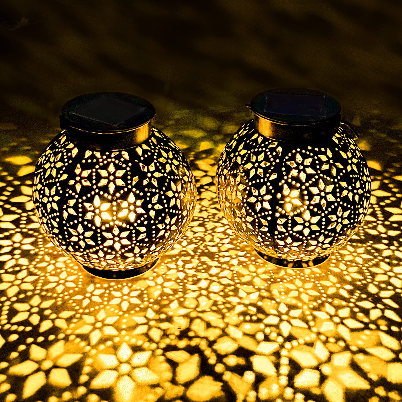 2 Pack Outdoor Solar Lantern Lights - Waterproof LED Moroccan Tabletop & Hanging Metal Garden Lights for Patio, Lawn, Porch, Backyard | Perfect for Evening Gatherings, Wedding Decor & Pathway Lighting