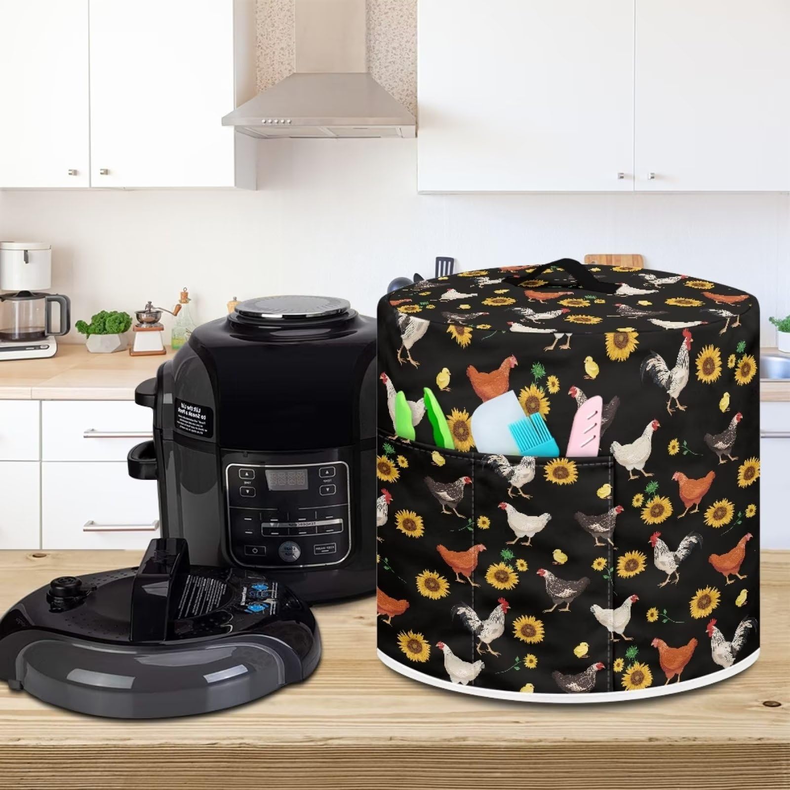 **Insulated Pressure Cooker Cover - Universal Fit for Rice Cooker, Air Fryer & Slow Cooker (6 Qt) - Dust Protection with Convenient Pocket for Spoons, Utensils & Recipes - Chicken Sunflower Black Design - Perfect for Kitchen Storage & Countertop Organization**