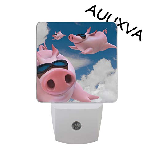 2 Pack LED Night Light with Auto Sensor - Funny Flying Pig Plug-in Lamp for Bedroom, Bathroom, Hallway & Stairways | Dusk to Dawn Lighting for Kids Room, Nursery & Home Safety