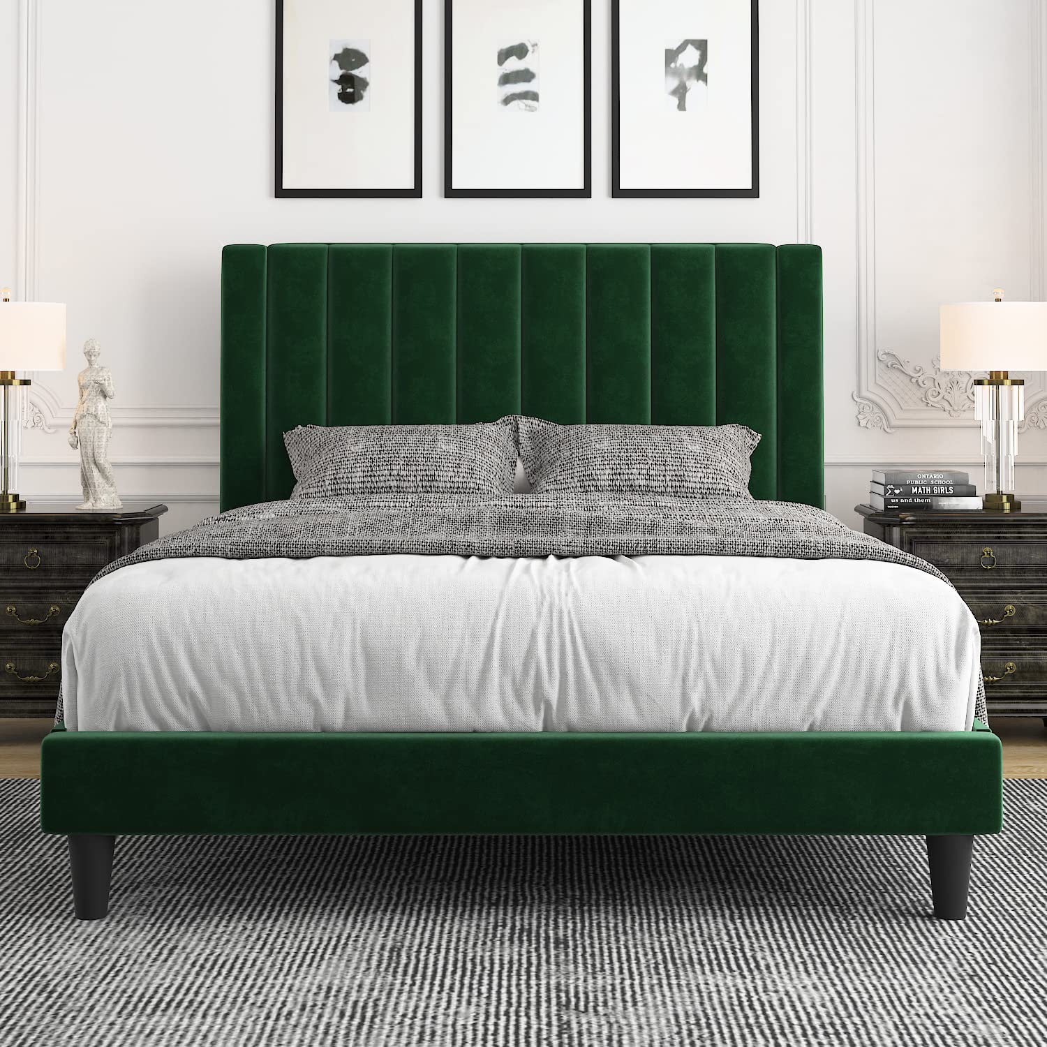 Allewie Full Size Platform Bed Frame - Velvet Upholstered Bed with Channel Tufted Headboard, Sturdy Wood Slats Support | No Box Spring Needed | Easy Assembly in Emerald Green | Perfect for Modern Bedrooms & Guest Rooms