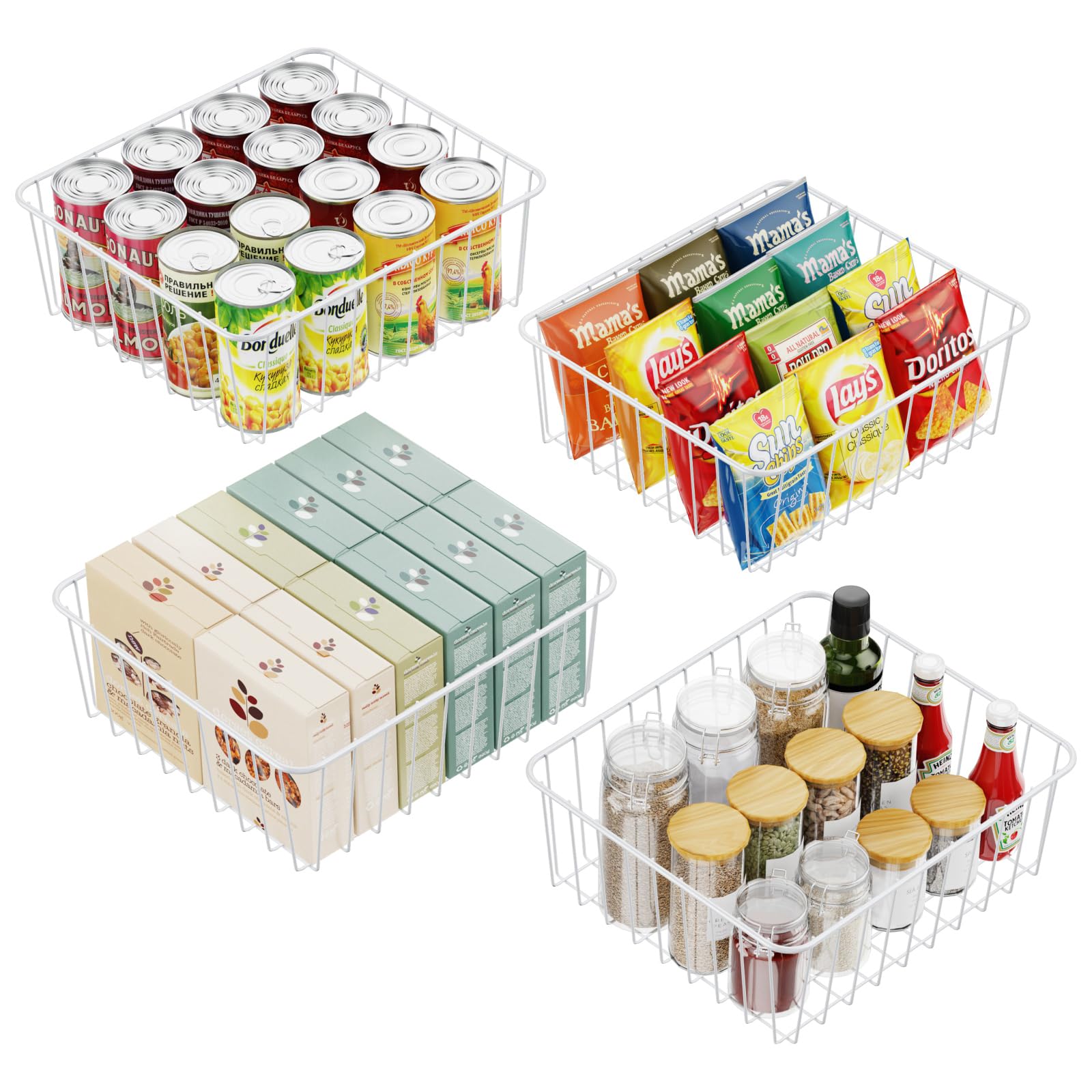 iSPECLE 4-Pack Tall Cabinet Pantry Baskets - Sturdy Wire Storage Organizers for 30-32 Inch Wide Cabinets, Easy Access to High Shelves, Secure Design Prevents Items Falling (White) - Perfect for Kitchen, Pantry & Bathroom Organization