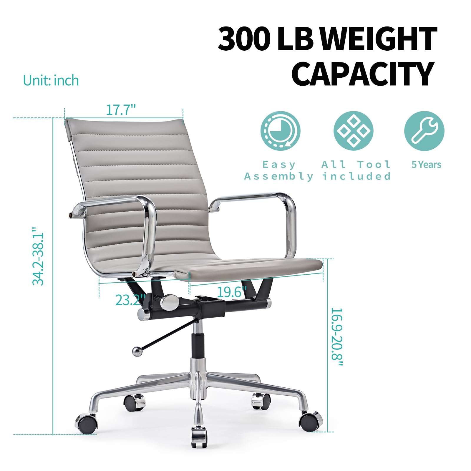 Ergonomic Office Chair with Mid Back Support & Armrests - Adjustable Swivel Vegan Leather Desk Chair for Receptionists - Grey - Perfect for Home Office, Workstations & Conference Rooms
