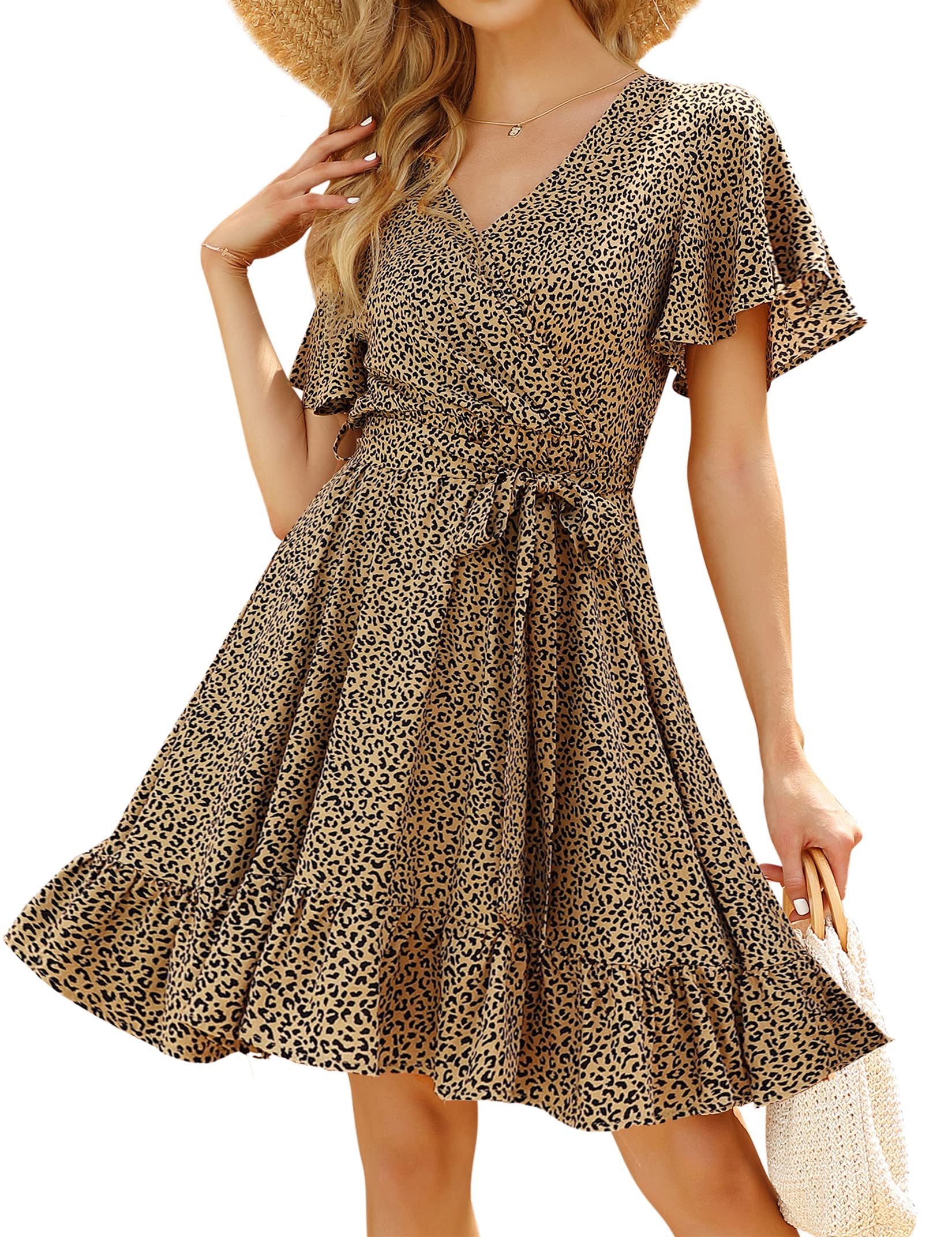 Women's Summer Wrap Dress - V Neck, Bell Sleeve, High Waist Tie, Flowy A-Line with Polka Dot Floral Print | Perfect for Wedding Guest, Beach Vacation & Casual Outings
