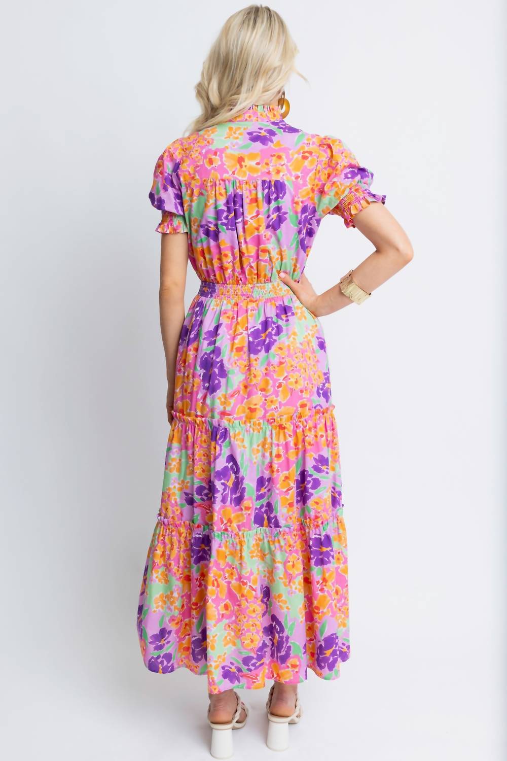Floral Smock Waist Tier Maxi Dress for Women - Orange Garden Party Dress | Perfect for Summer Weddings, Beach Vacations & Outdoor Events