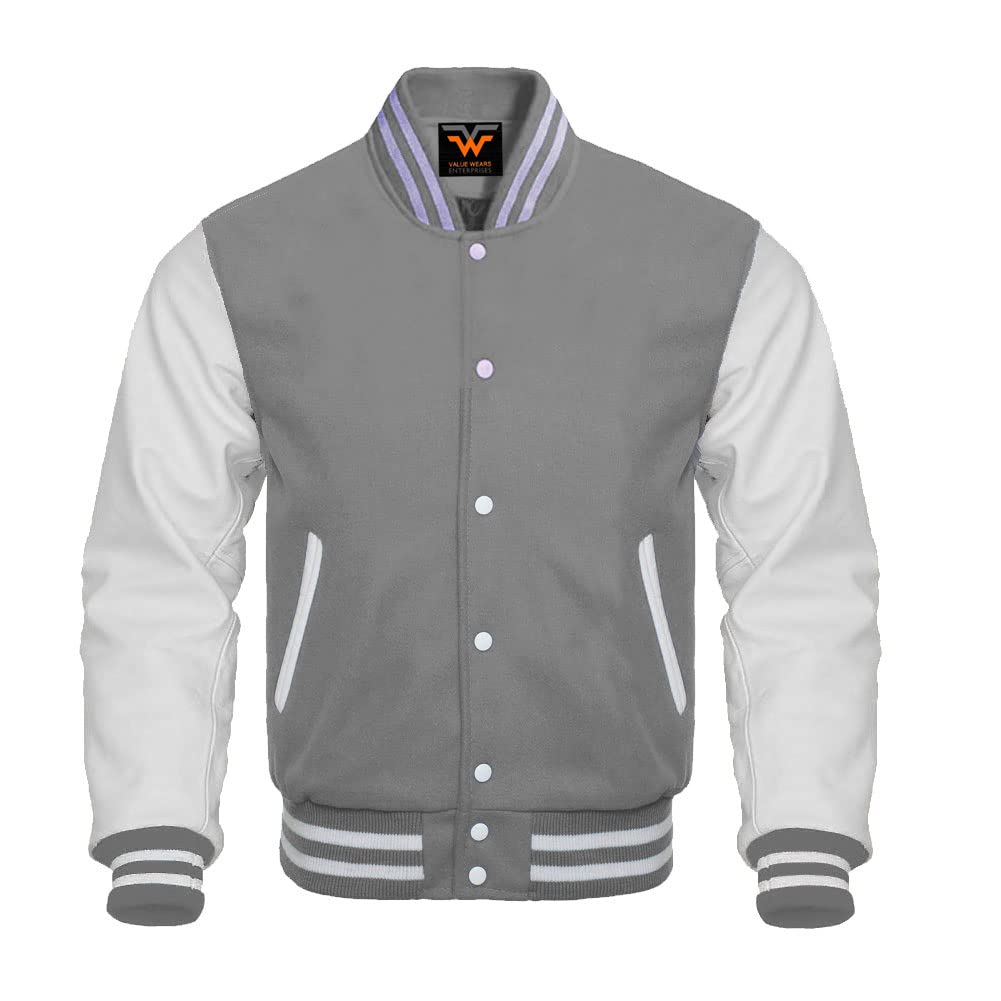 Men's Varsity Jacket - Baseball Letterman Jacket with Genuine Grey Wool Body & White Leather Sleeves | Retro Sportswear for School, College & Casual Outfits
