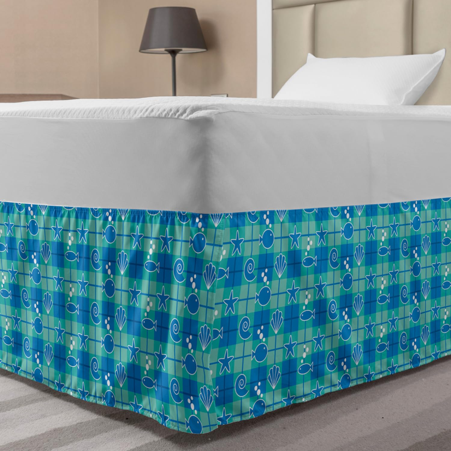 Ambesonne Sea Shells Bed Skirt - Plaid Pattern with Cartoon Marine Silhouettes, Fish, Starfish & Bubbles | Elastic Dust Ruffle Wrap Around Bedskirt for Twin/Twin XL Beds | Mint Green, Blue & White Coastal Bedroom Decor | Perfect for Beach House, Nautical or Ocean Theme Bedrooms