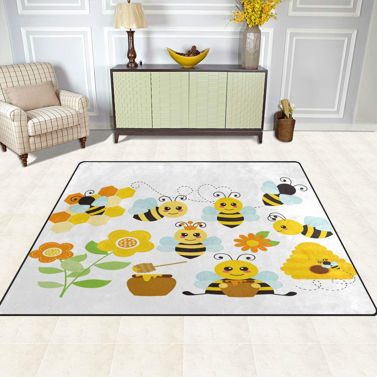 ALAZA Cartoon Honey Bee Sunflower Non-Slip Area Rug 7'x5' - Soft Living Room Bedroom Rug for Kids Playroom, Nursery & Dorm Decor