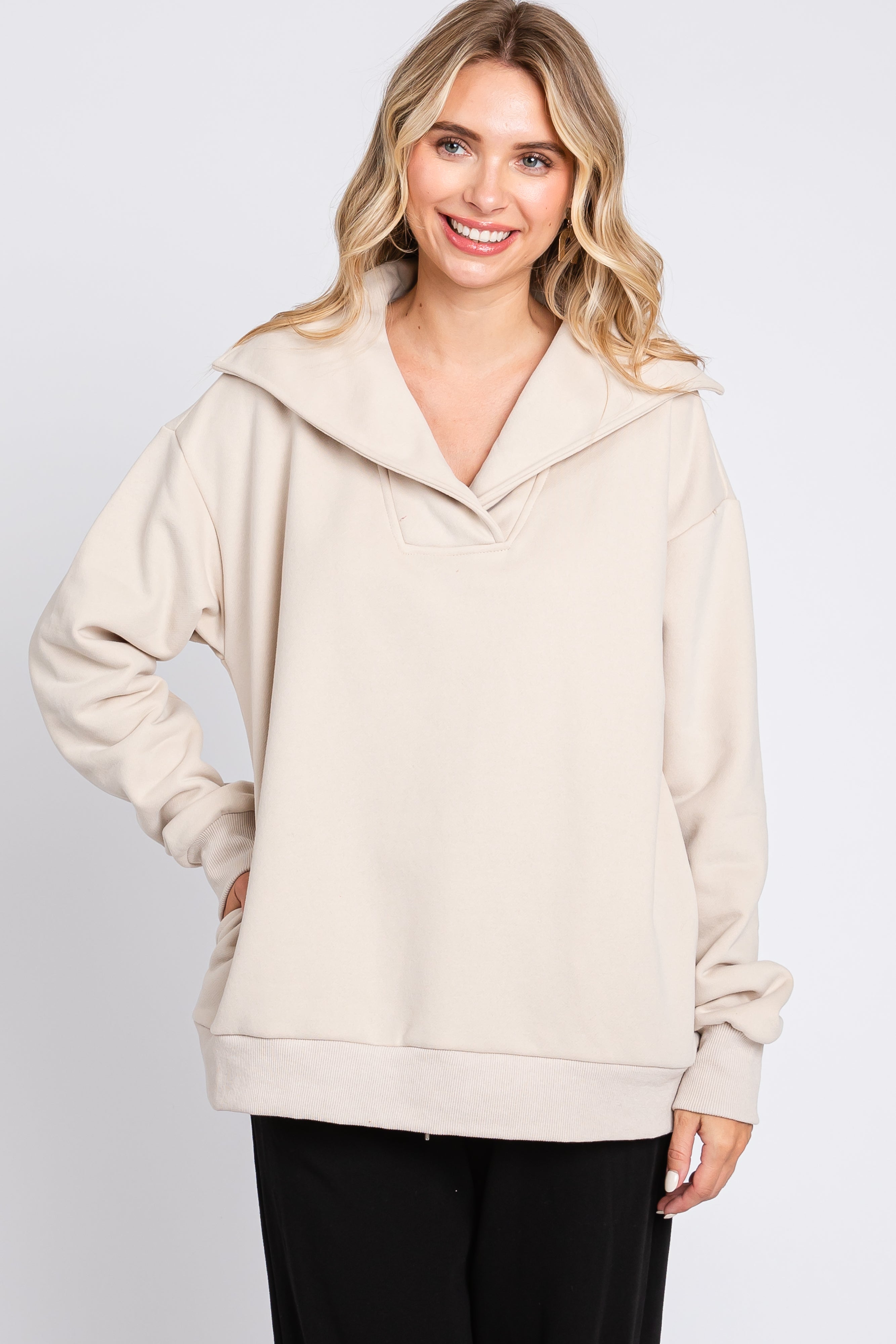 Beige Collared Pullover Sweater for Women - Soft Knit Casual Long Sleeve Tops - Perfect for Office, Fall Outfits & Weekend Wear