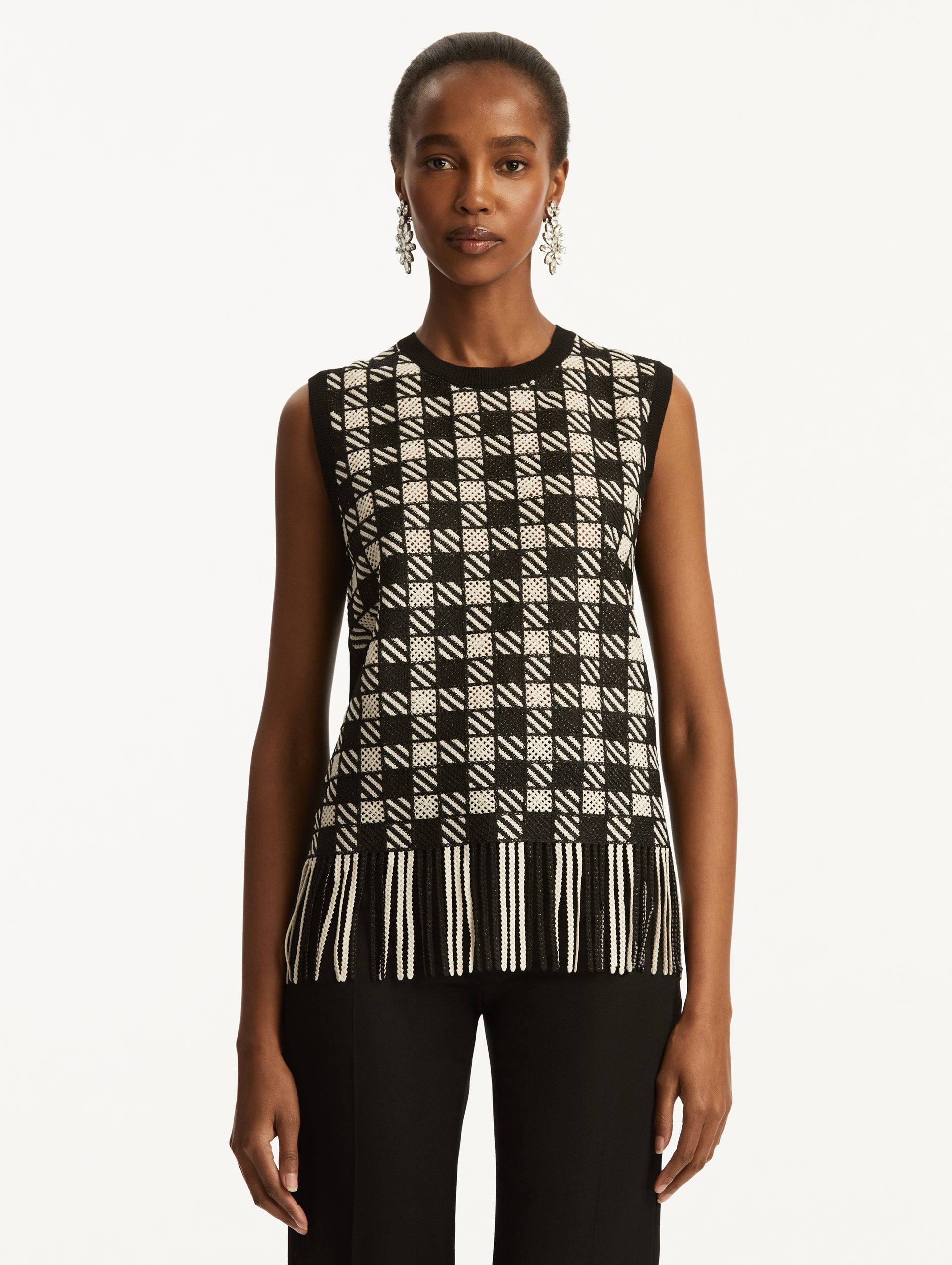 Elegant Checked Fringe Guipure Tank Top for Women - Stylish Summer Blouse for Casual Outings, Beach Wear, and Boho Fashion