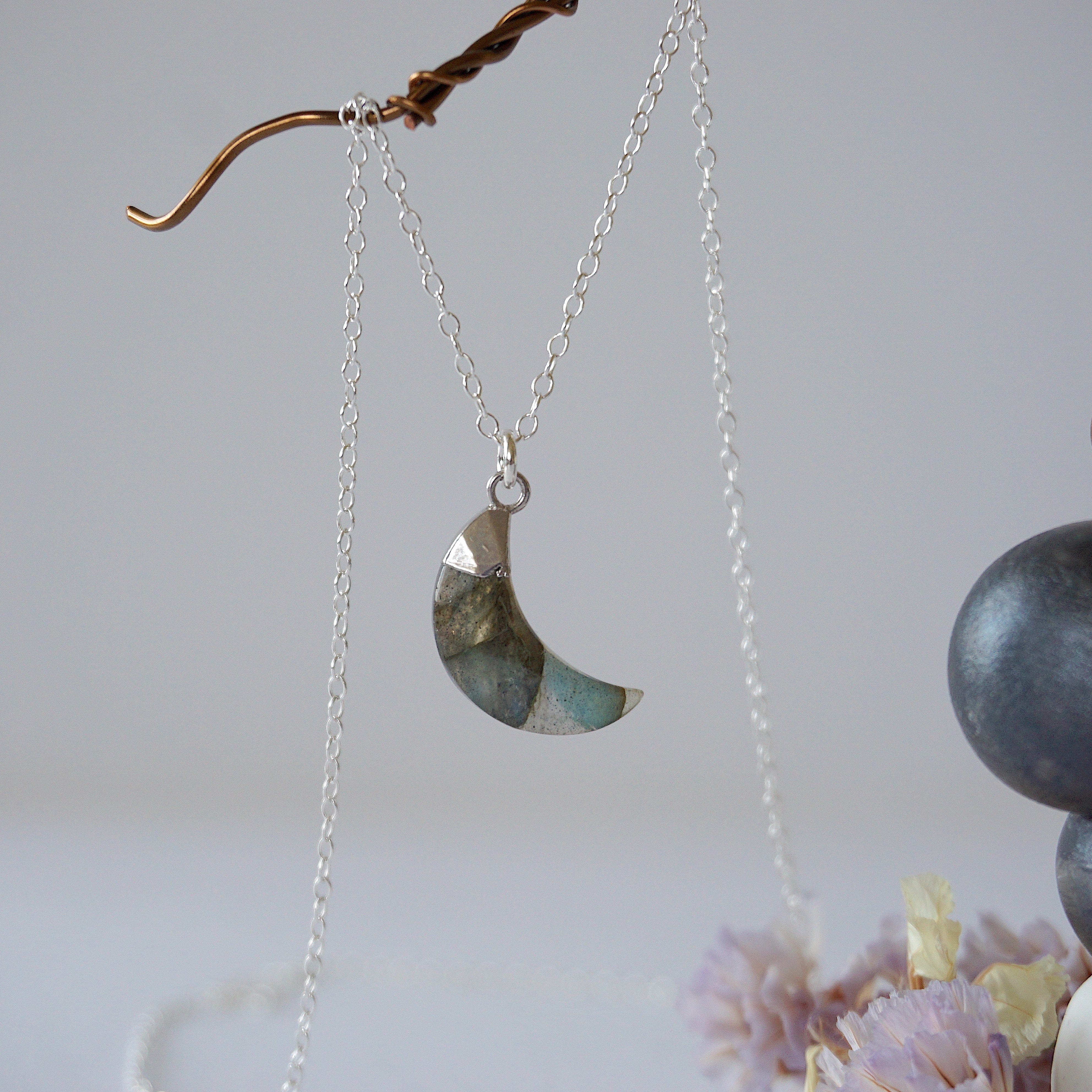 Labradorite Sterling Silver Moon Charm Necklace – Elegant Gemstone Jewelry for Women, Moon Phase Pendant Gift for Her | Perfect for Spiritual Healing, Boho Fashion & Special Occasions