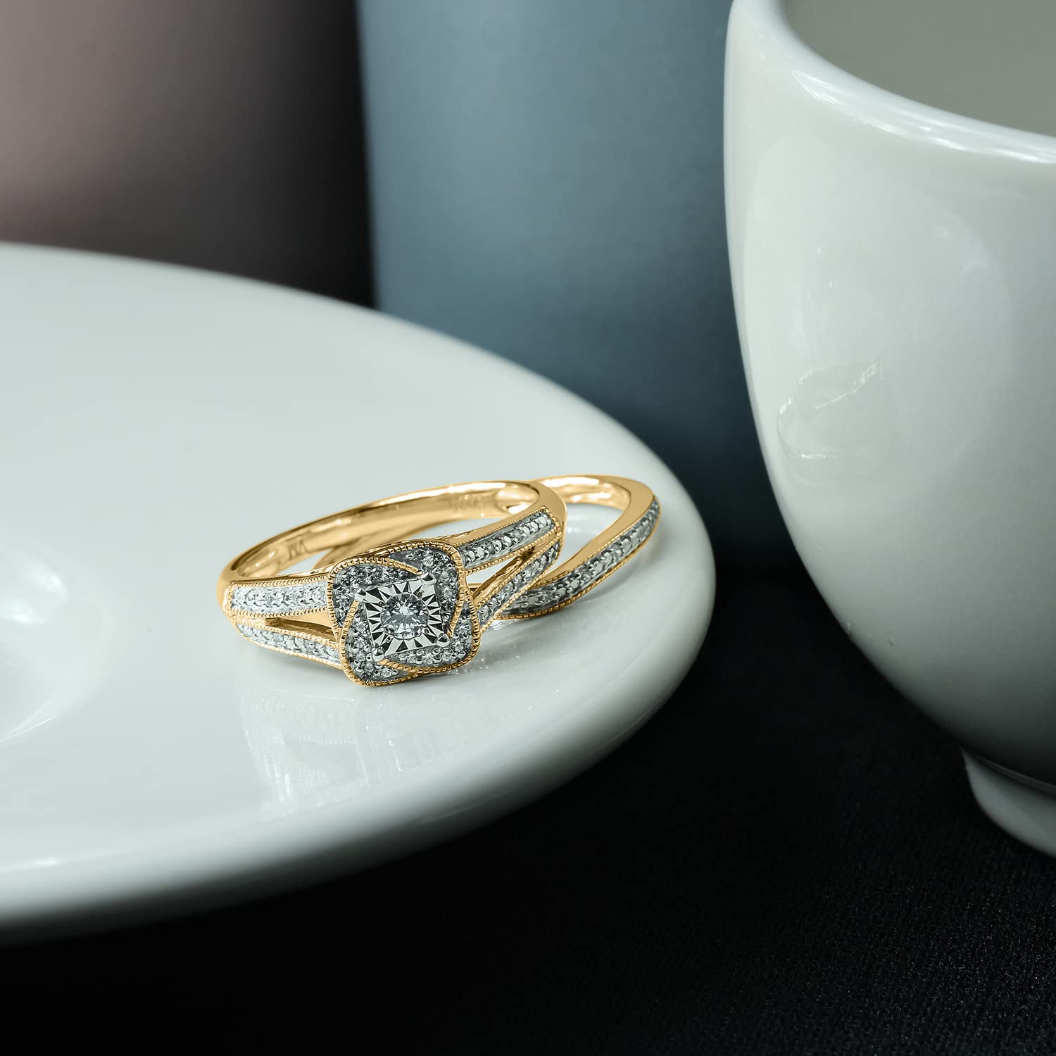 1/5 CT Natural Diamond Bridal Ring Set - 14K & 18K Gold Vermeil Wedding & Engagement Rings for Women | Promise Ring & Halo Ring in White, Yellow or Pink Gold | Perfect for Proposals, Anniversaries & Special Occasions