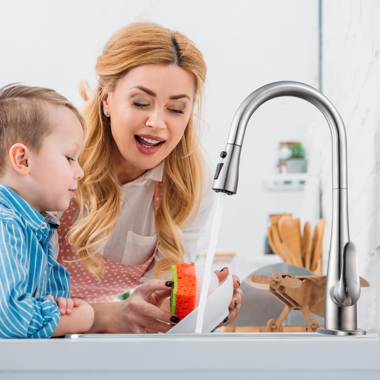 Stainless Steel Single Handle Kitchen Faucet with Pull Down Sprayer & Soap Dispenser - 1 or 3 Hole Modern Design for Farmhouse, RV & Bar Sinks (Brushed Nickel) - Perfect for Cooking, Washing Dishes & Food Prep