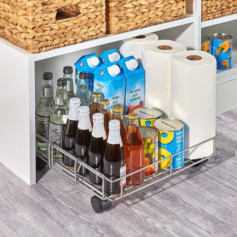 Expandable Rolling Metal Storage Basket for Home & Kitchen - Silver, Space Saving Organizer