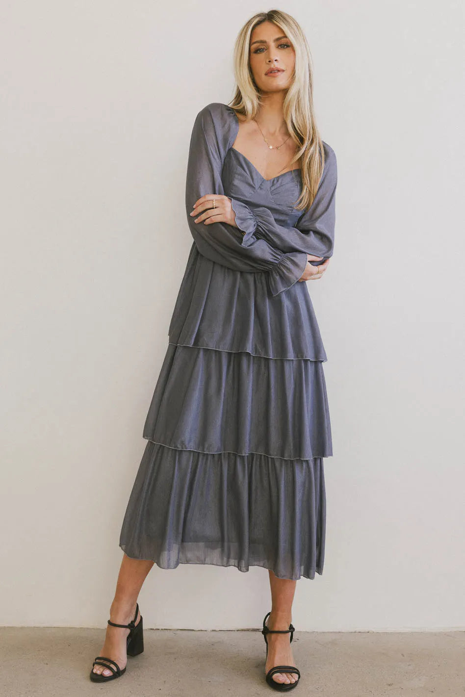 Elegant Slate Blue Shimmery Midi Dress for Women - Perfect for Evening Parties & Special Occasions