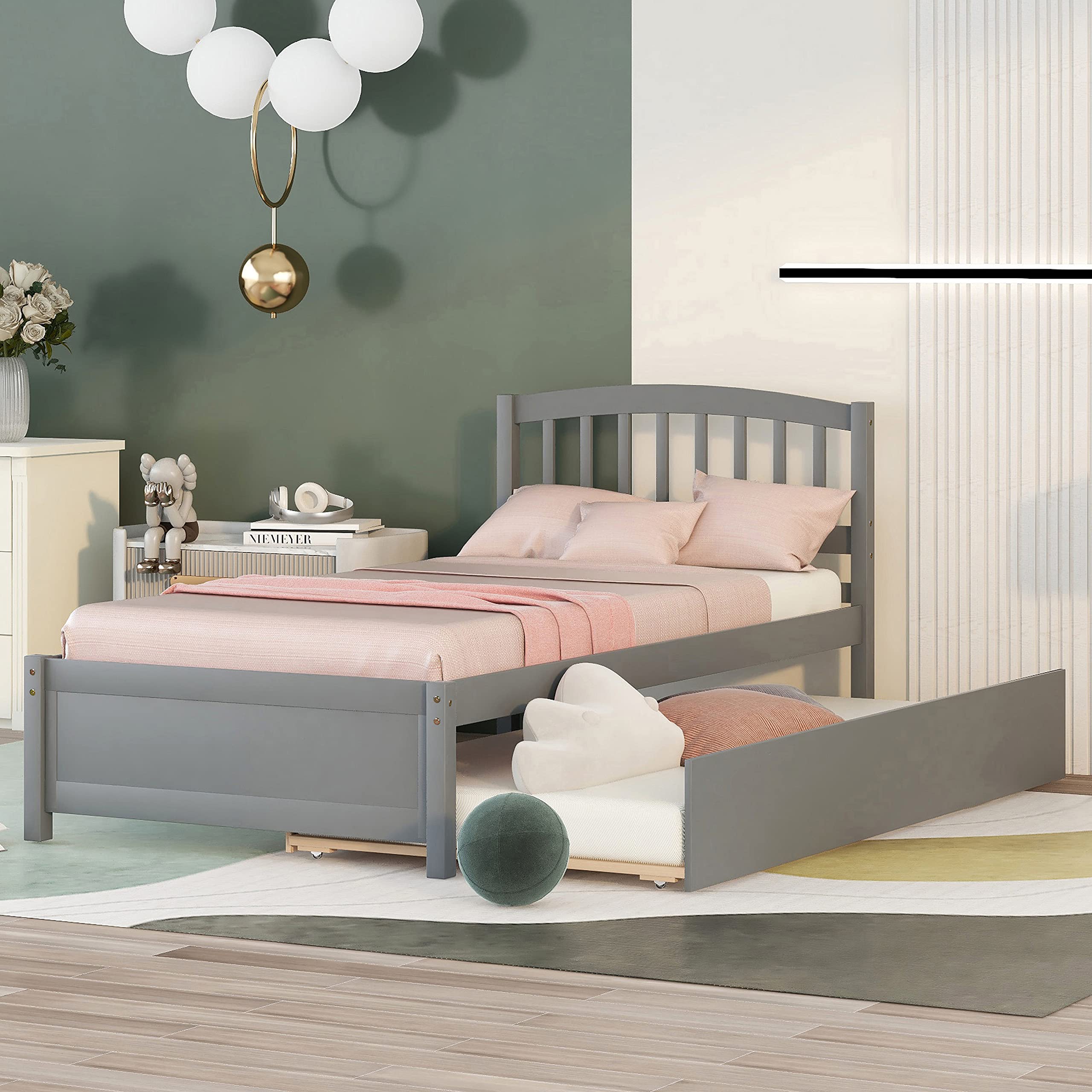 Harper & Bright Designs Twin Size Wood Platform Bed with Trundle - Solid Pine Wood Bed Frame with Headboard for Kids, Teens & Adults - No Box Spring Needed - Grey (Perfect for Guest Rooms, Kids' Bedrooms & Small Spaces)