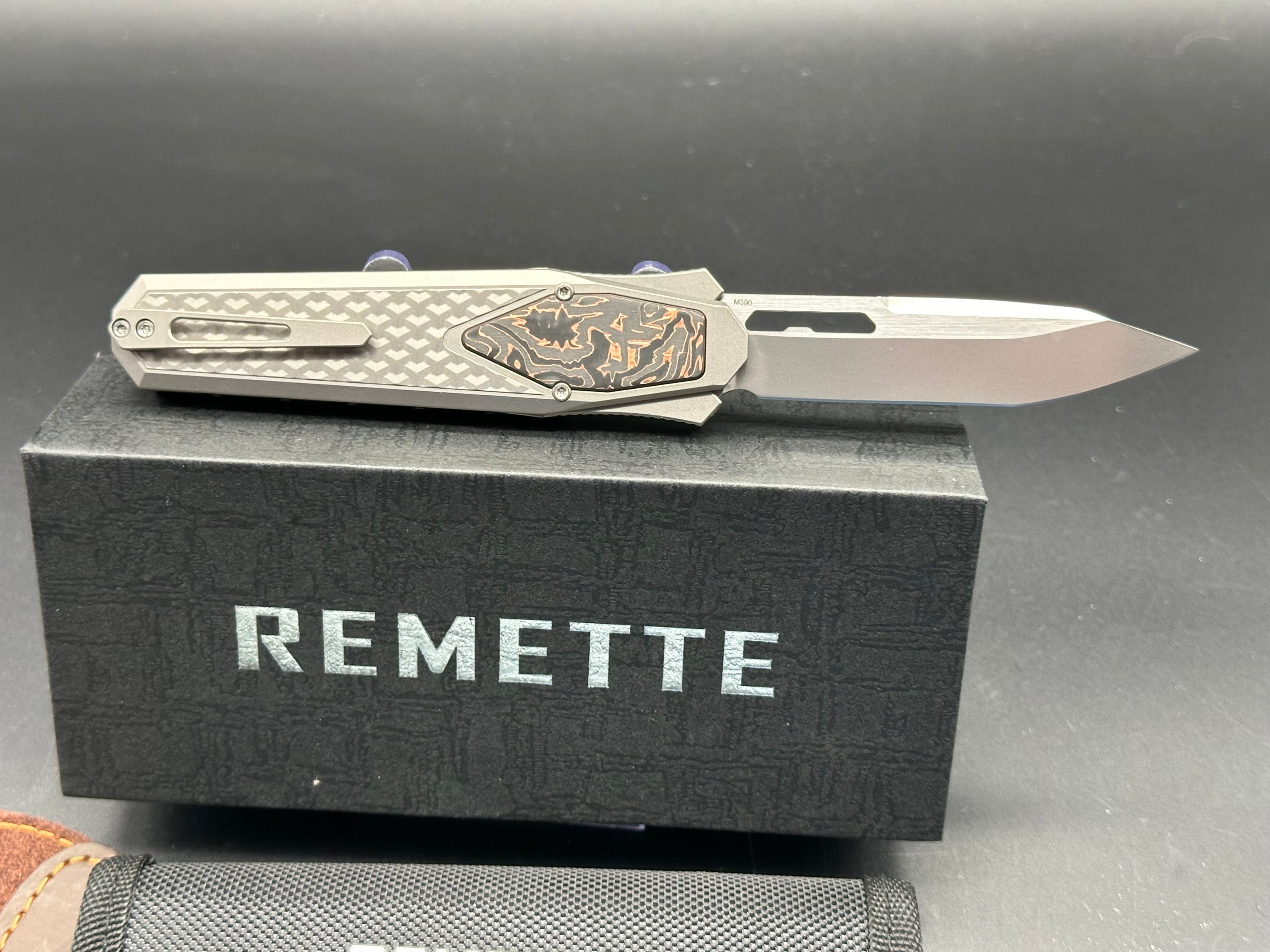 Premium RT Swordfish Knife - Grey Titanium Handle with Copper Foil Fat Carbon Inlay, Tanto Blade in M390 Steel - Perfect for EDC, Outdoor Adventures & Collectors