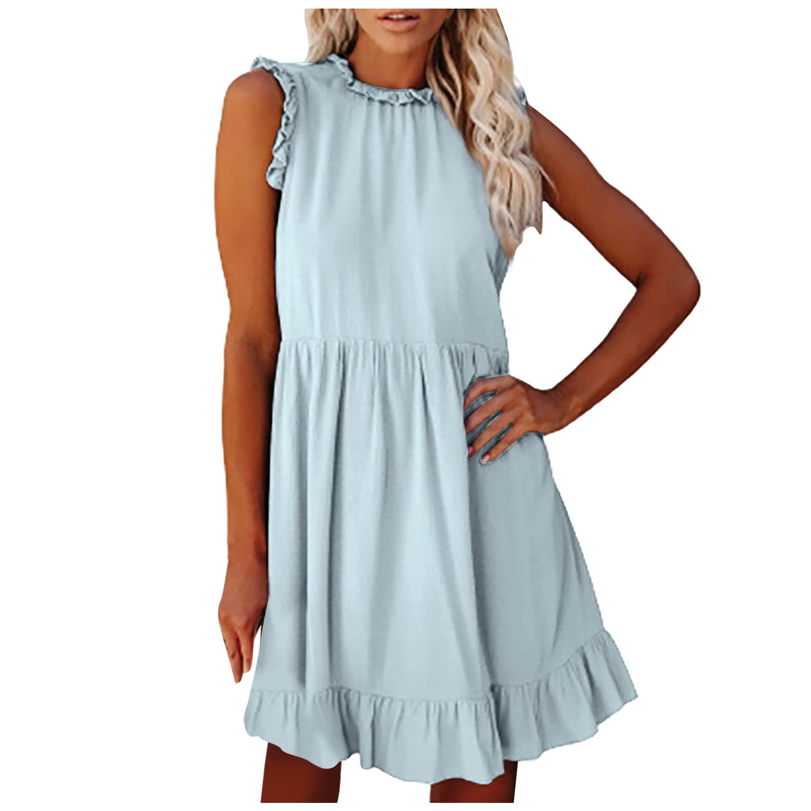 Women's Summer Pleated Ruffle Sleeve Mini Dress - Round Neck Sleeveless Flowy Casual Solid Color Dress for Beach, Vacation & Outdoor Parties