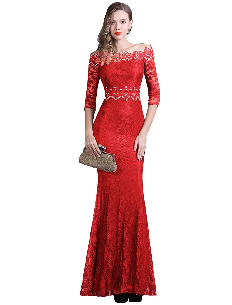 Beauty-Emily Elegant Half Sleeve Lace Boat Neck Mermaid Beaded Evening Gown for Prom, Wedding & Formal Events