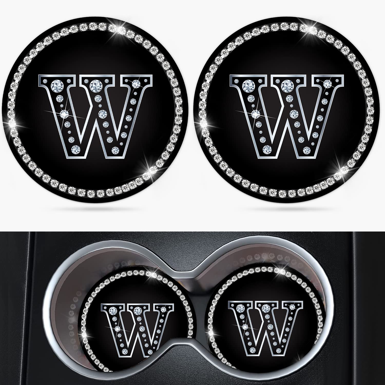 Jupswan 2-Pack Bling Crystal Rhinestone Silicone Car Cup Holder Coaster - Letter W Initial Design for Women & Men | Automotive Accessories Decor | Perfect for Coffee, Drinks & Gift Giving