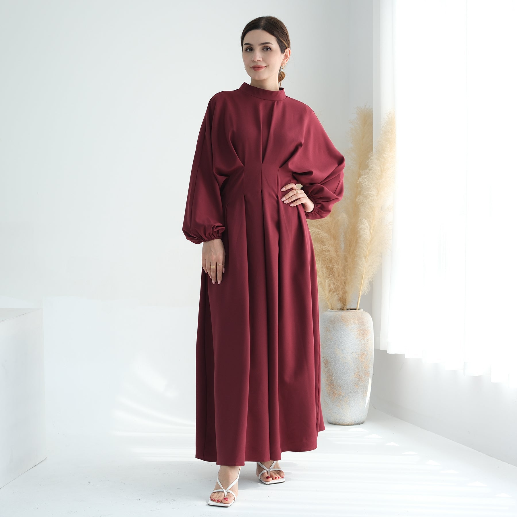 Madison Long Sleeve Maxi Dress for Women - Elegant Wine Red Flowy Formal Gown with Side Slits, Perfect for Weddings, Parties & Special Occasions