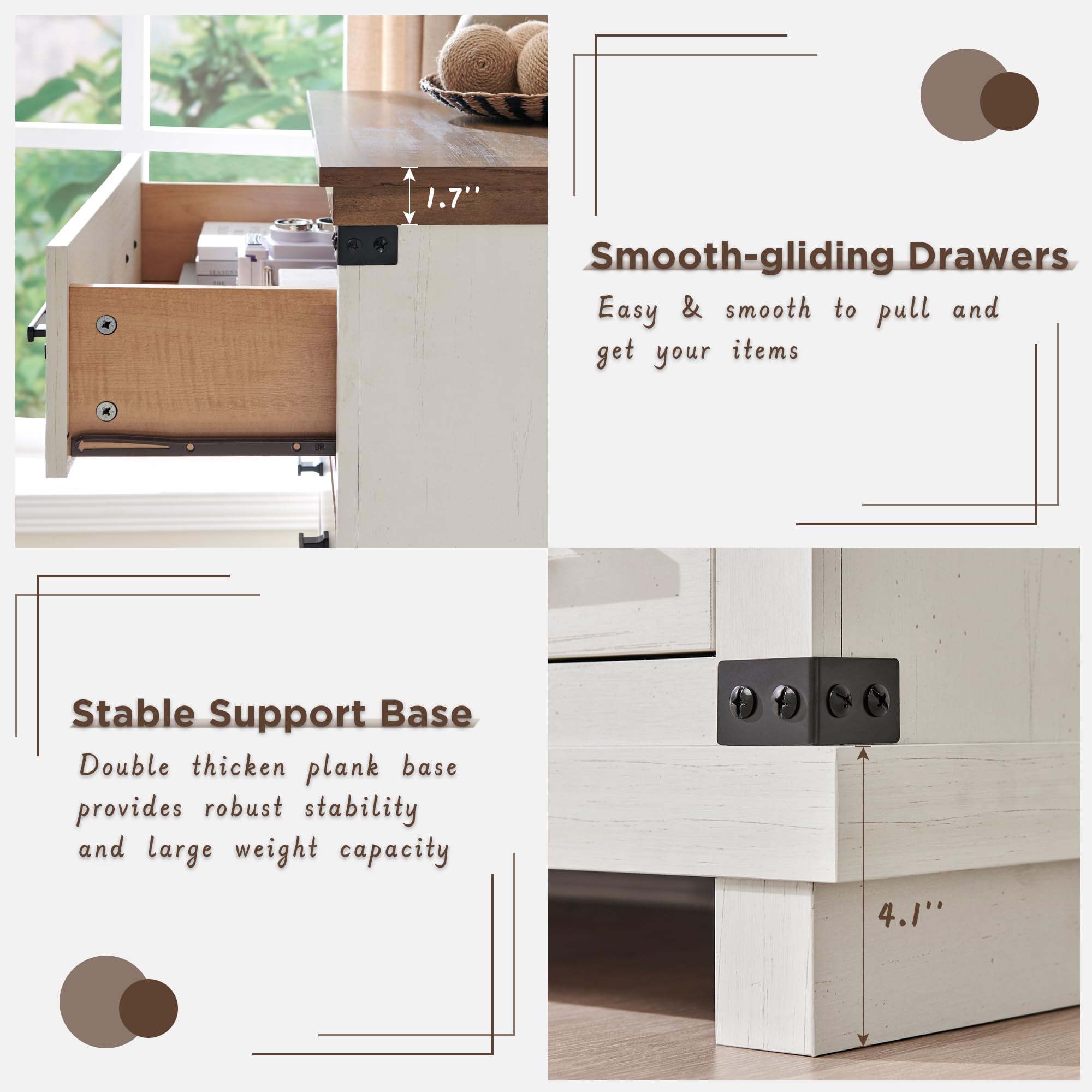 Farmhouse 6-Drawer Dresser - Solid Wood Large Chest of Drawers with Thick Plank Design, Rustic Bedroom or Living Room Storage Furniture in Antique White - Perfect for Master Bedroom, Guest Room & Home Organization