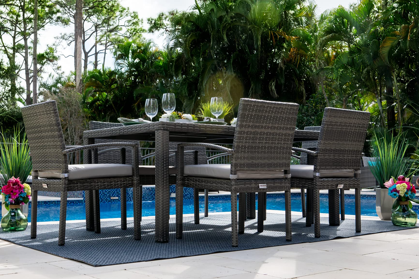 Bari 7-Piece Resin Wicker Outdoor Patio Dining Set - Gray Rattan Furniture with Table & 6 Cushioned Chairs - Perfect for Backyard, Garden, Poolside & Patio Entertaining