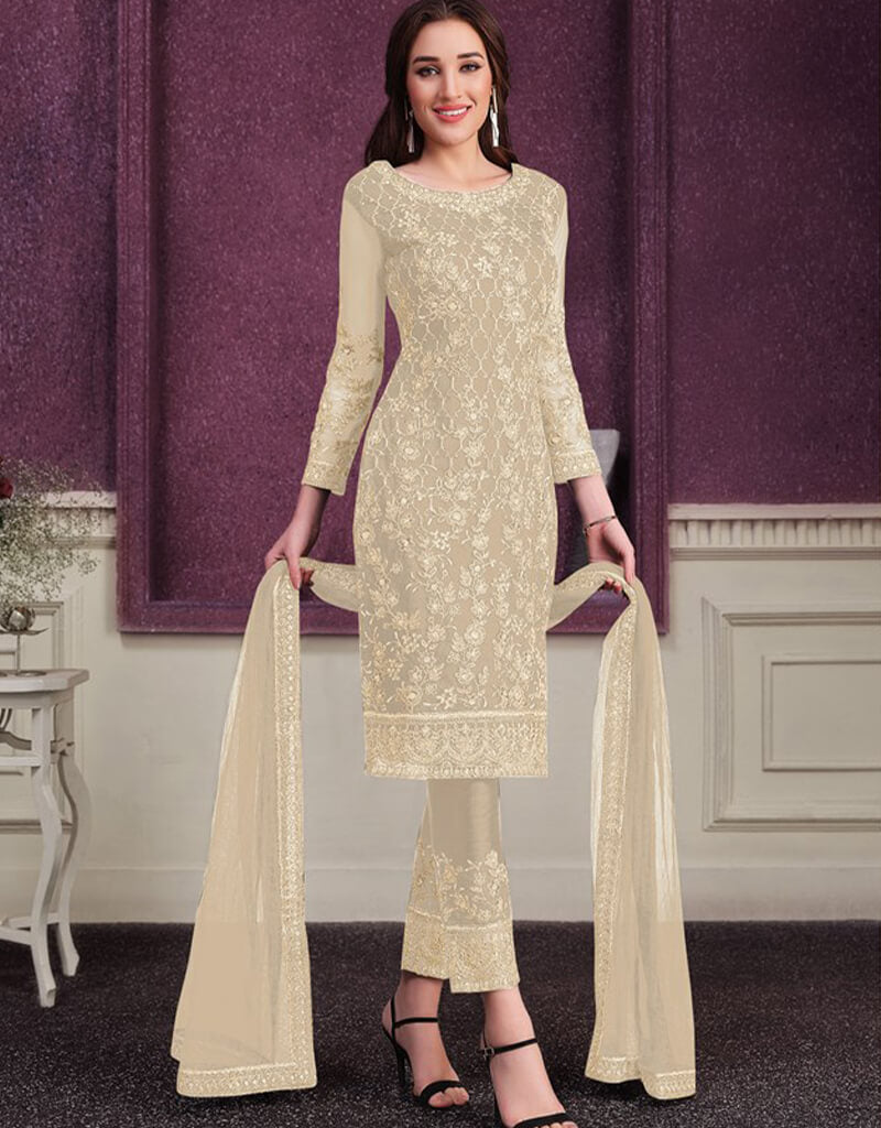 Beige Pantsuit with Butterfly Net Design - Elegant Women's Formal Wear for Office, Parties & Special Occasions