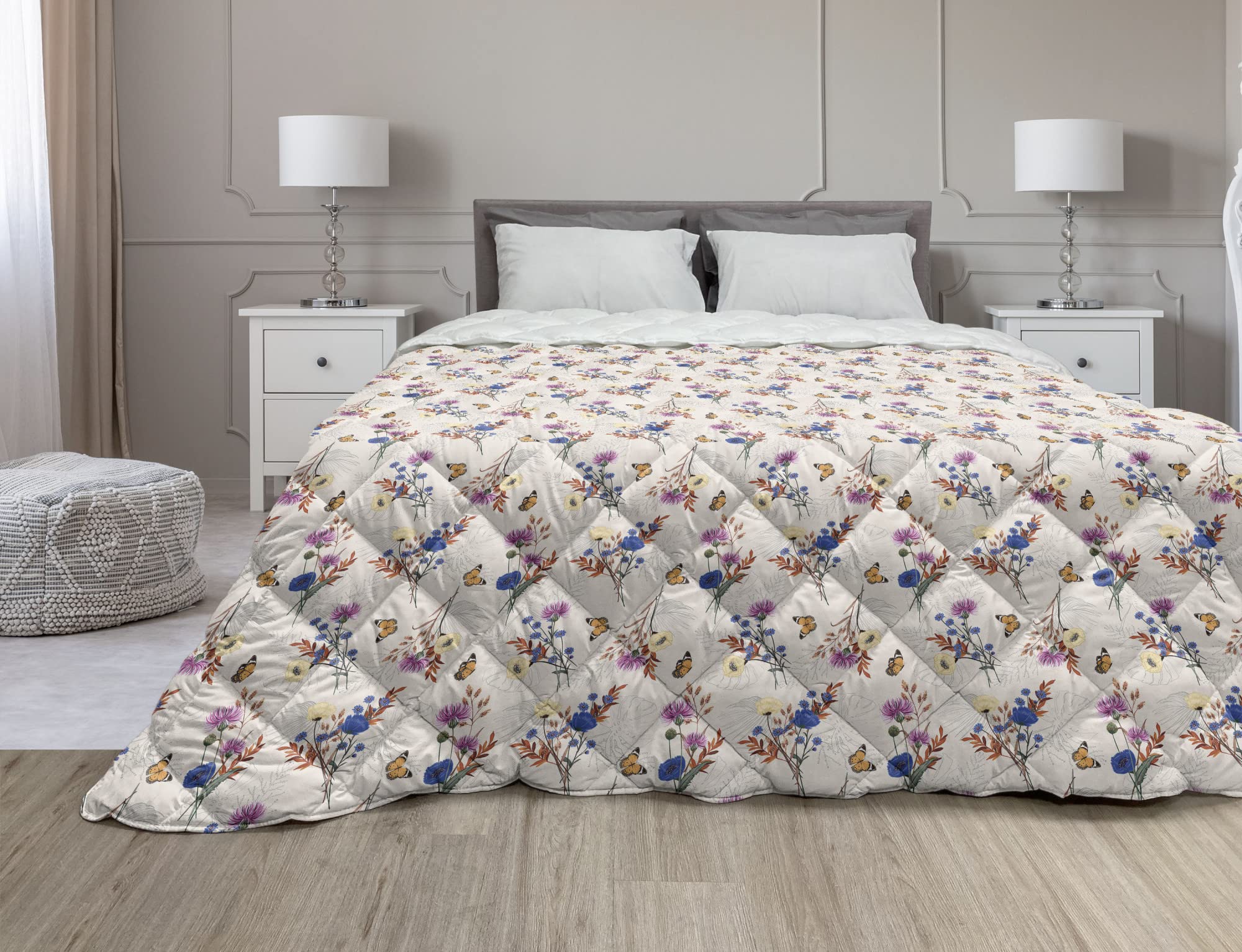 Ambesonne Floral Butterfly Comforter Queen Size - Down Alternative Microfiber Quilt with Garden Flowers & Insects Design - All Season Bedding Set - Pale Eggshell Multicolor - Perfect for Master Bedroom, Guest Room & Dorm Decor