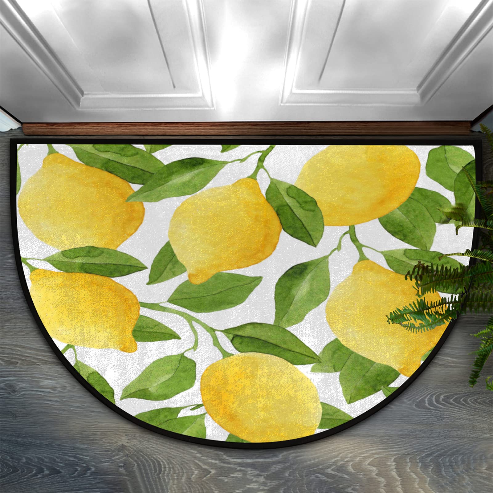 Non-Slip Half Round Door Mat - Watercolor Lemon Tree Leaves Design, 36x24 Inch Indoor/Outdoor Welcome Rug for Entrance Way, Porch & Patio Decor