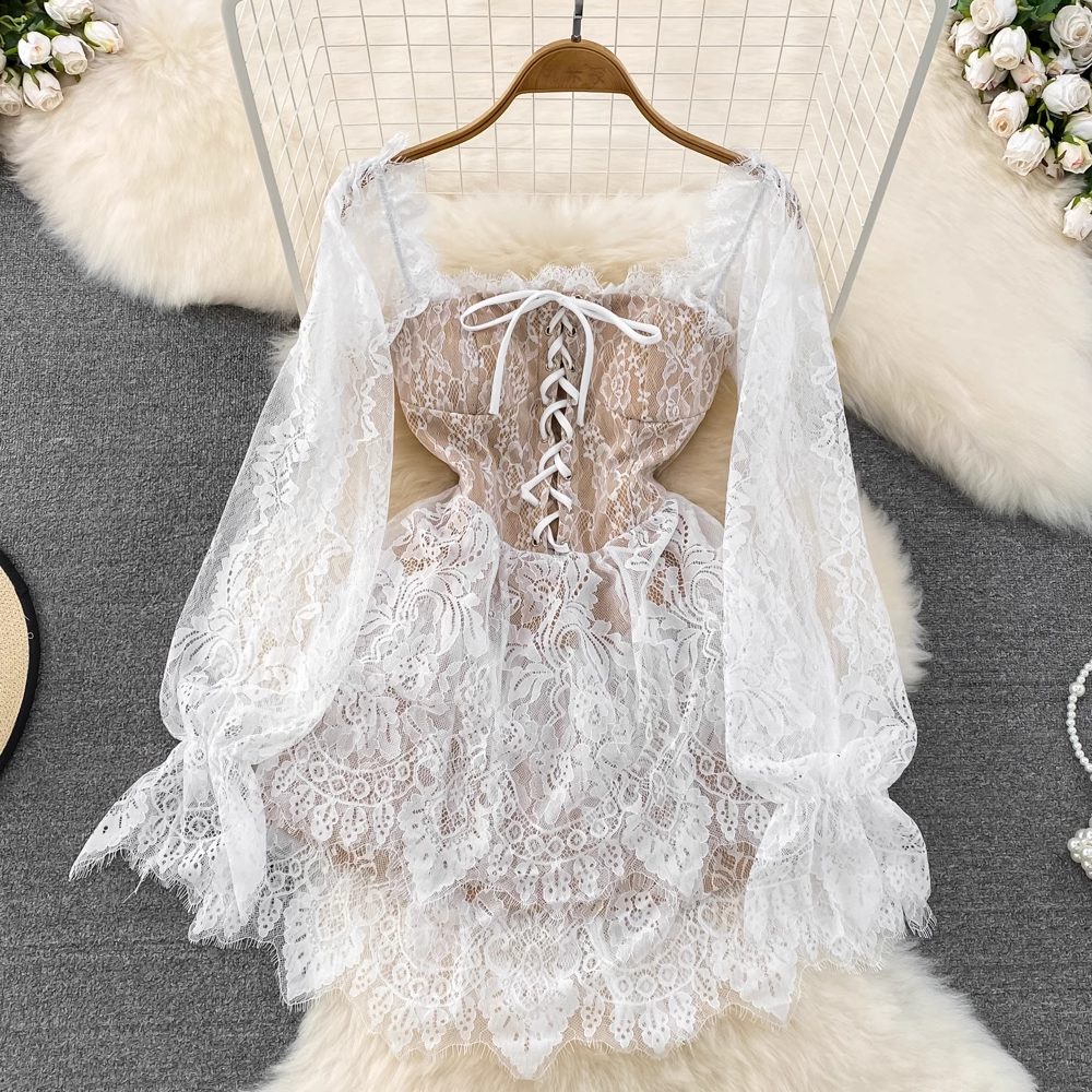 Elegant Korean Style Long Sleeve Square Neck A-Line Lace Dress for Women | Autumn Flowy Fluffy Party Dress | Perfect for Weddings, Dates & Special Occasions
