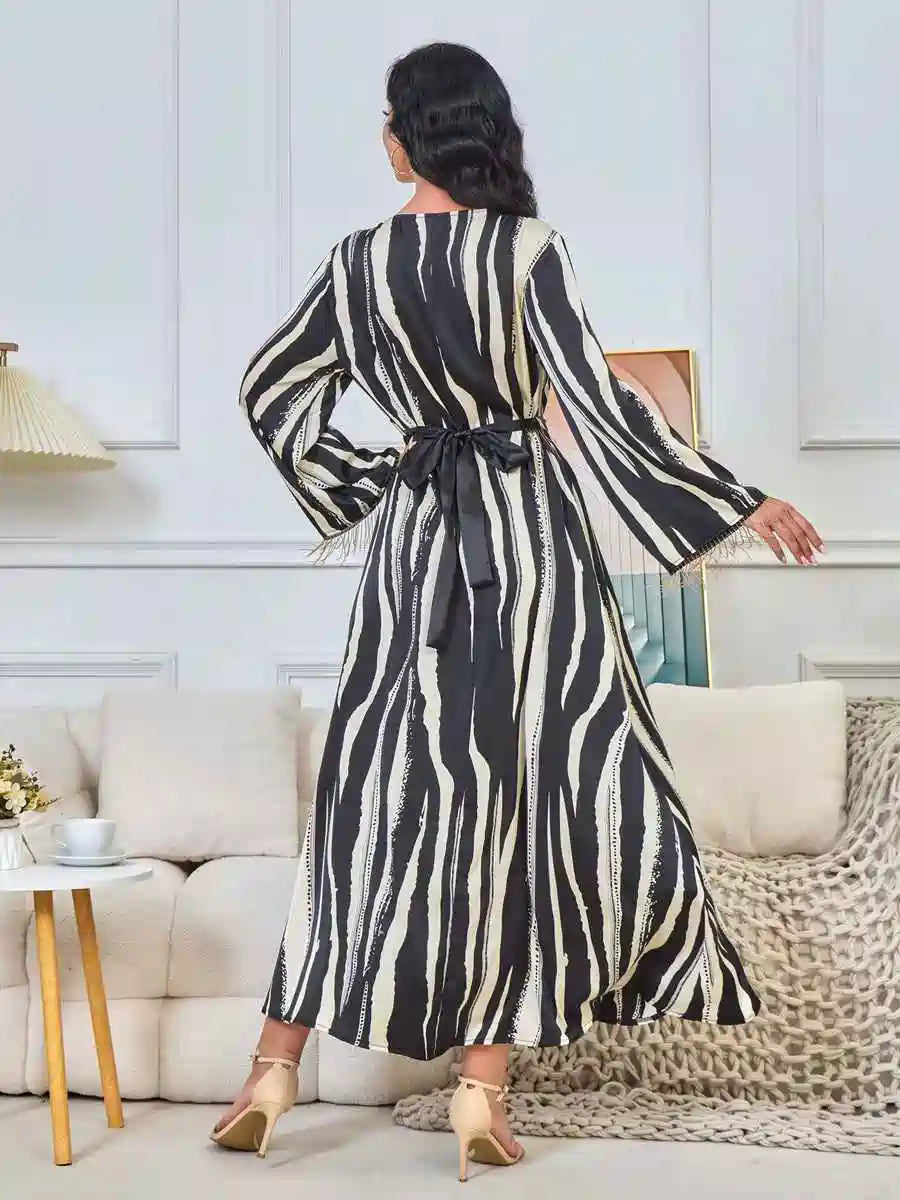 Elegant Eid Printed Tassel Caftan Dress for Women - Flowy Long Kaftan with Embroidery #25176 | Perfect for Eid Celebrations, Weddings & Special Occasions