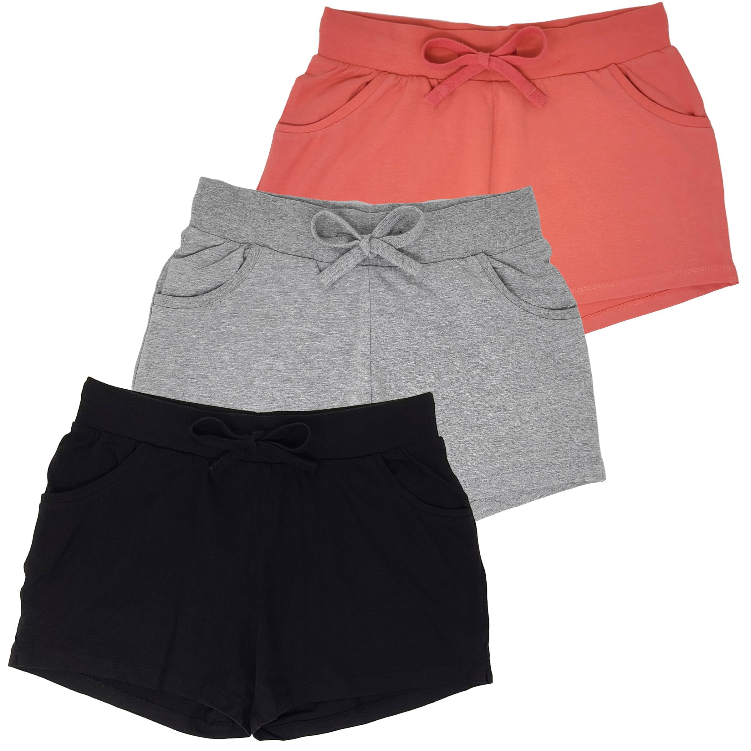 Sexy Basics Women's Cotton Sleep Pajama Shorts - 3-Pack with Pockets & Adjustable Drawstring - Comfy Lounge & Nightwear for Home, Vacation & Sleepovers