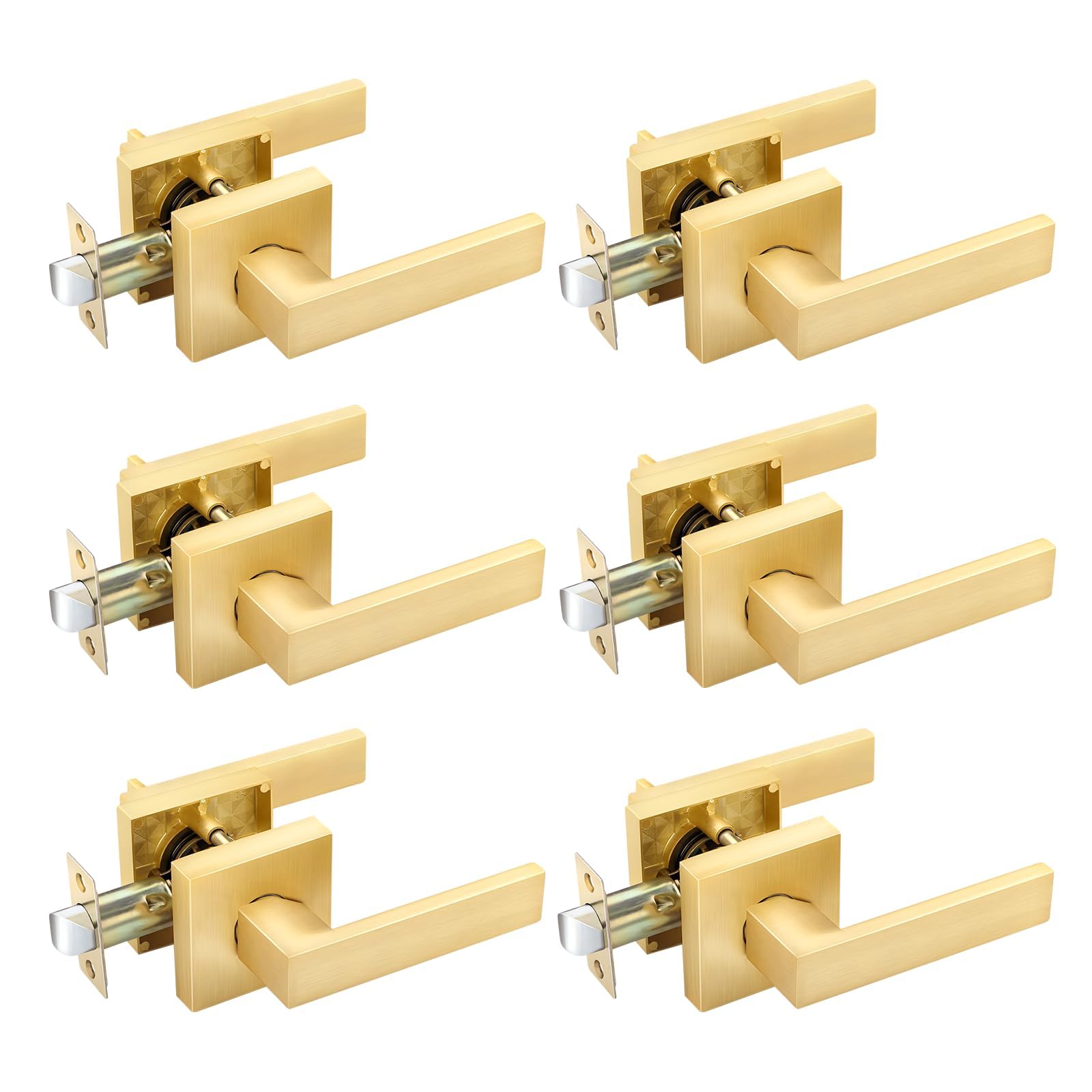 EHOMEWARE 6 Pack Keyless Door Handle Set - Satin Brass Finish Passage Door Lever for Hall, Closet & Interior Doors | Easy Installation for Bedroom, Bathroom & Office Spaces