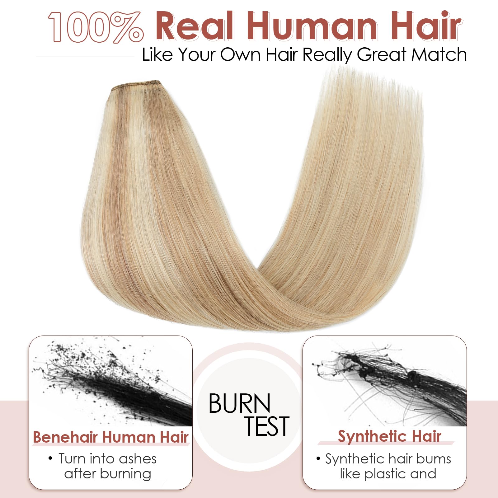 Benehair One Piece Clip in Hair Extensions - 100% Real Human Hair, 3/4 Full Head V-Shaped Weft with 5 Clips (22