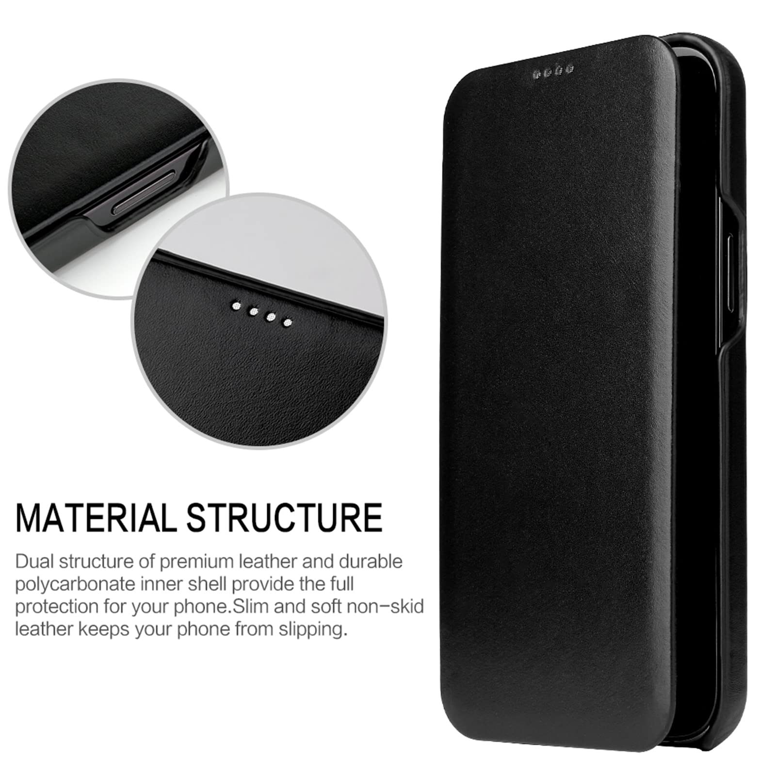 Genuine Vintage Leather Case for iPhone 12 Mini/12/12 Pro/12 Pro Max - Slim Full Leather Handmade Ultra Thin Retro Folio Flip Cover with Shockproof & Anti-Slip Protection (Black) - Perfect for Daily Use, Travel & Business Protection