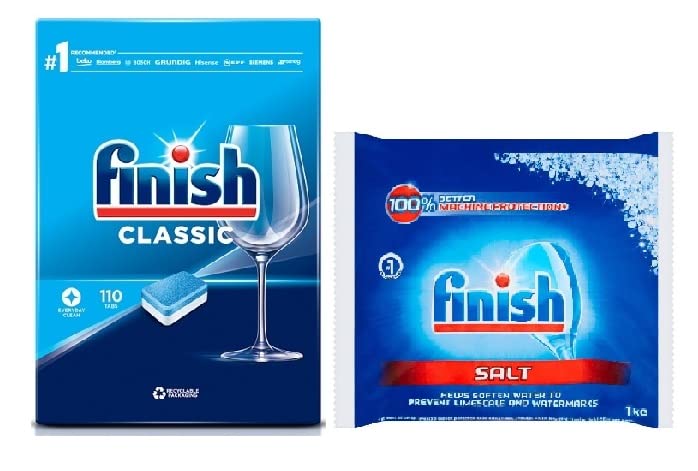 Finish Powerball Classic Dishwasher Detergent Tablets (110 Count) & Dishwasher Salt (1kg) Combo Pack - Deep Cleaning for Tough Stains, Perfect for Hard Water Areas & Daily Dishwashing Needs