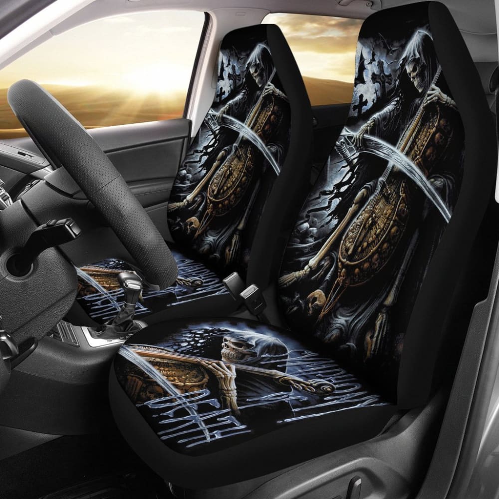 2 Pcs Grim Reaper Skull Girl Car Seat Covers - Gothic Horror Decor for Halloween, Cosplay & Car Accessories - Perfect for Themed Parties, Haunted Houses & Dark Aesthetic Vehicles