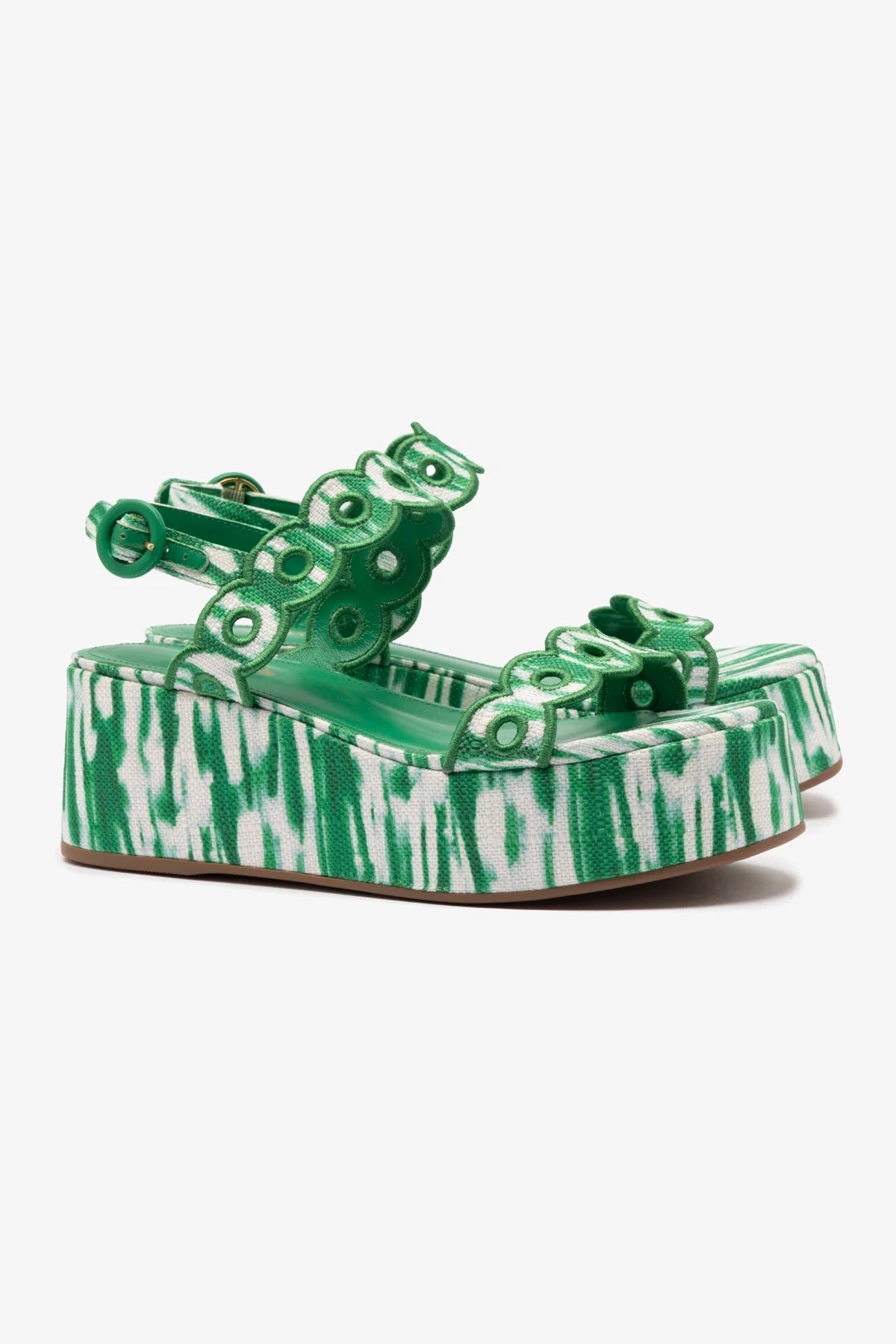 Florence Broderie Flatform Sandal in Tie Dye Evergreen Raffia - Women's Summer Beach Wedge Sandals for Vacation, Poolside, and Casual Outings